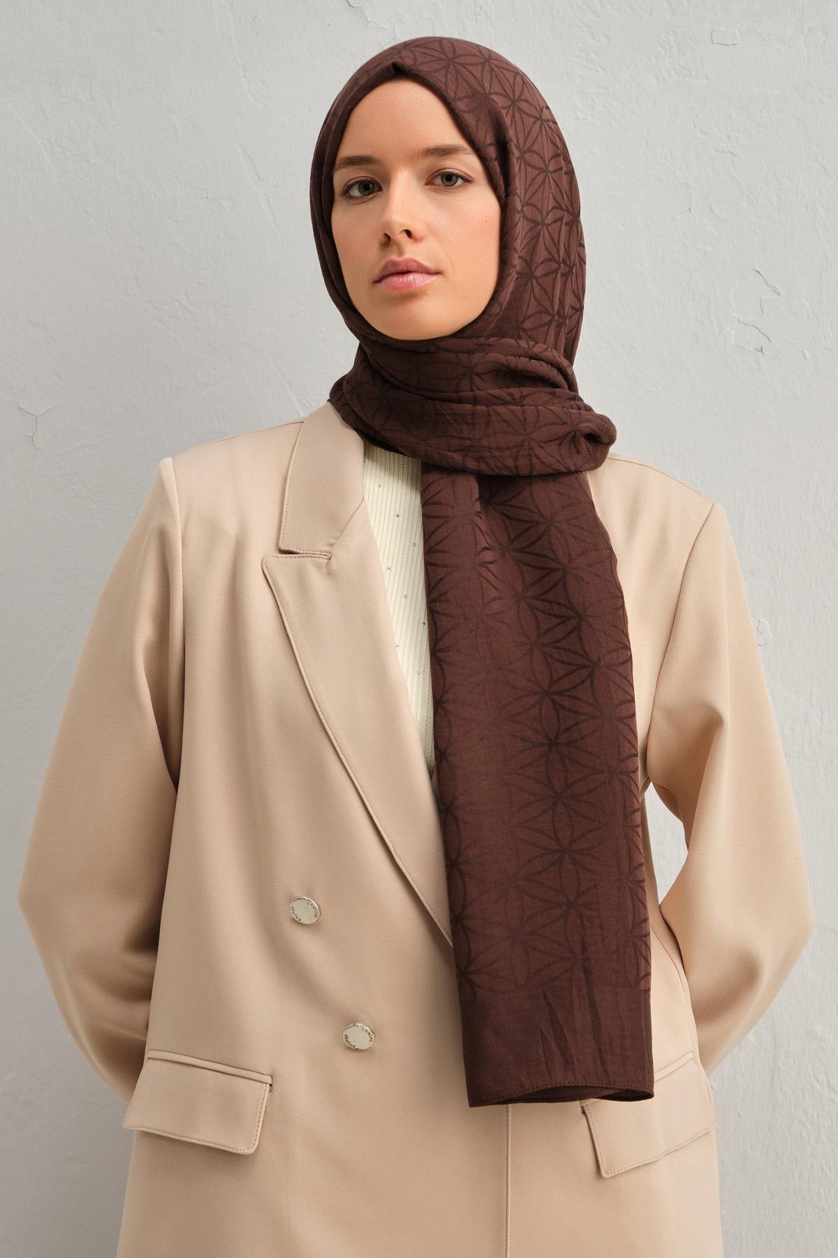Armine Lyocell Şal 4 - Yıldız Desen - 1110-41 - Kahverengi