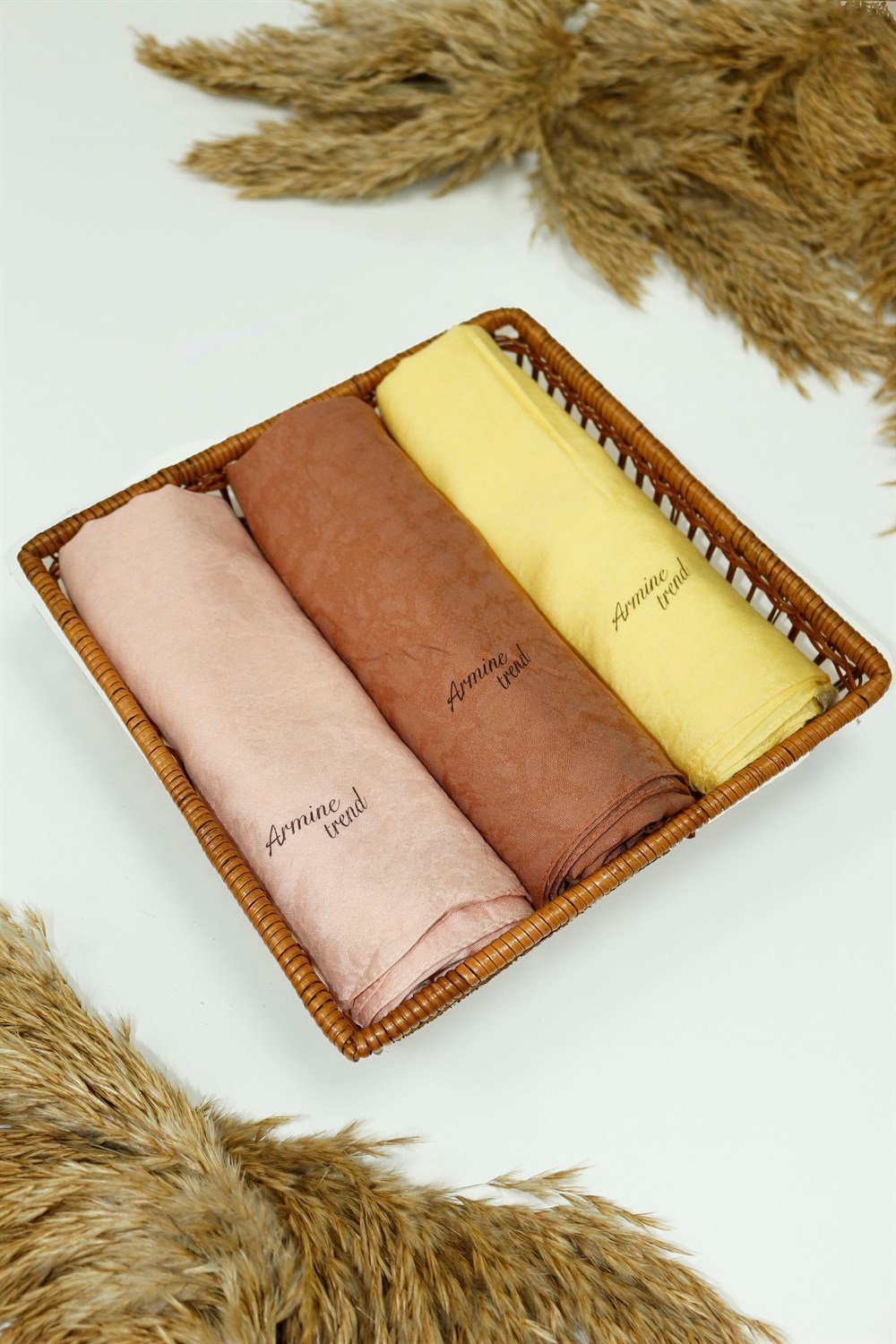 Armine Şal - Vega Bulut Desen - Modal Kumaş - 3'lü Set - Somon, Taba, Sarı