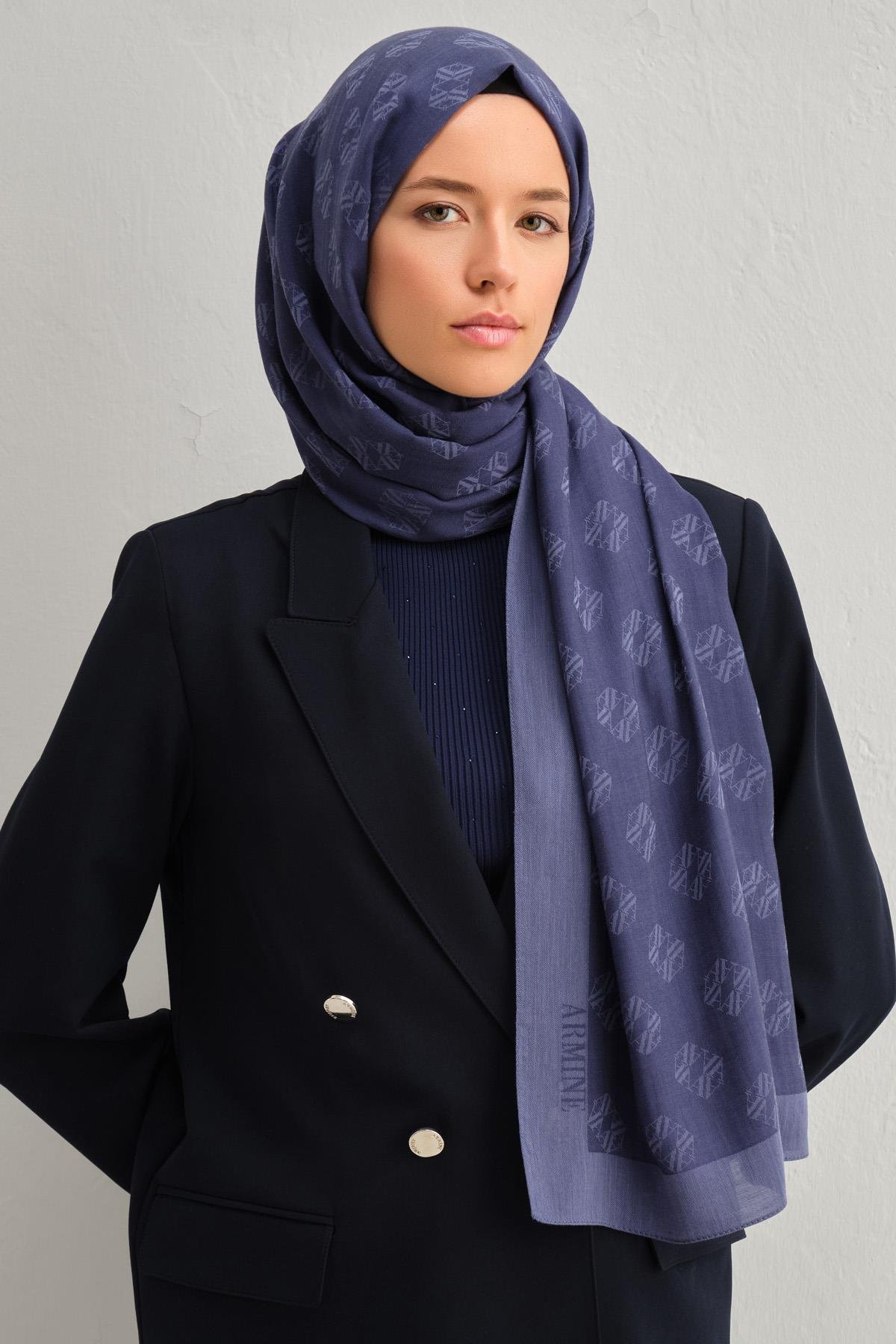 Armine Tensel İpek Şal 1 - Minimal Monogram Desen - 3292 - Soft Lacivert