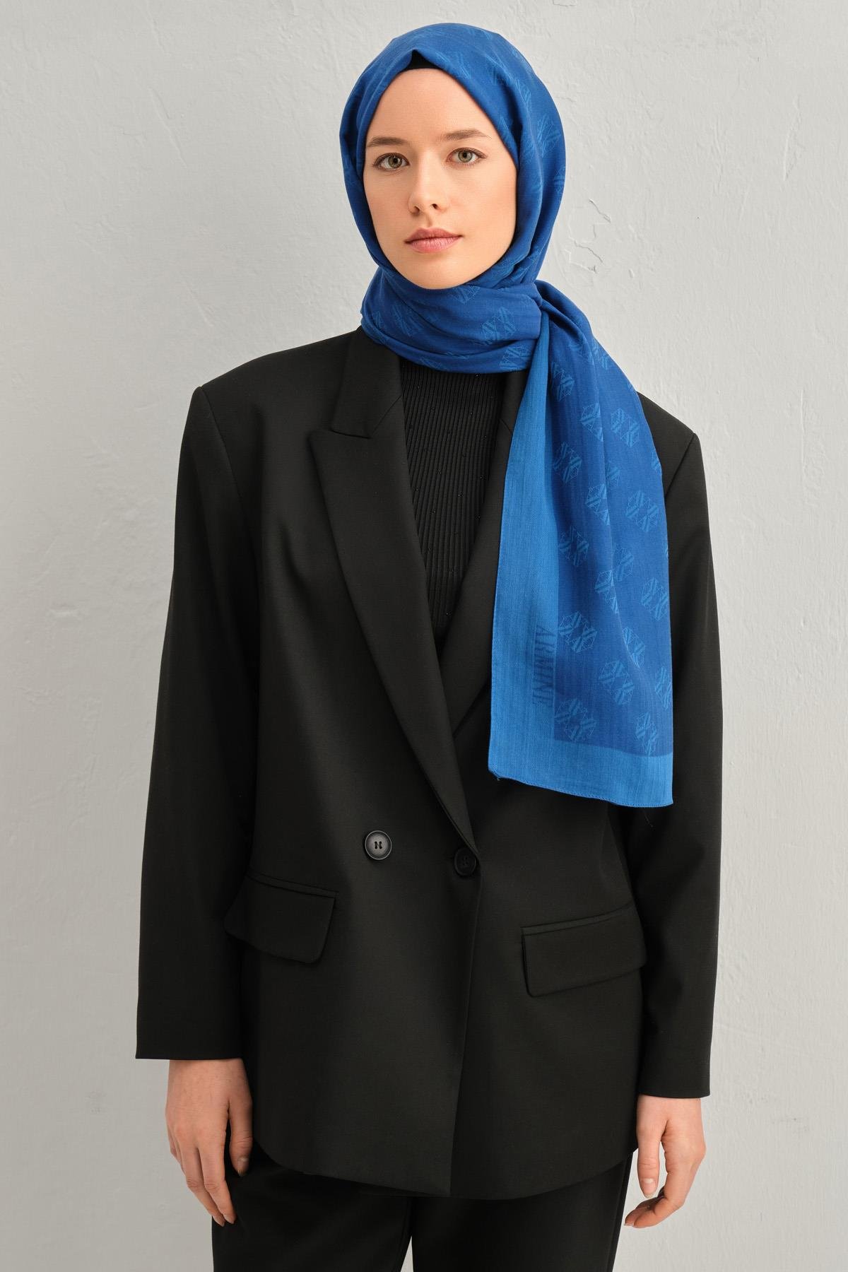 Armine Tensel İpek Şal 1 - Minimal Monogram Desen - 32115 - Saks Mavisi