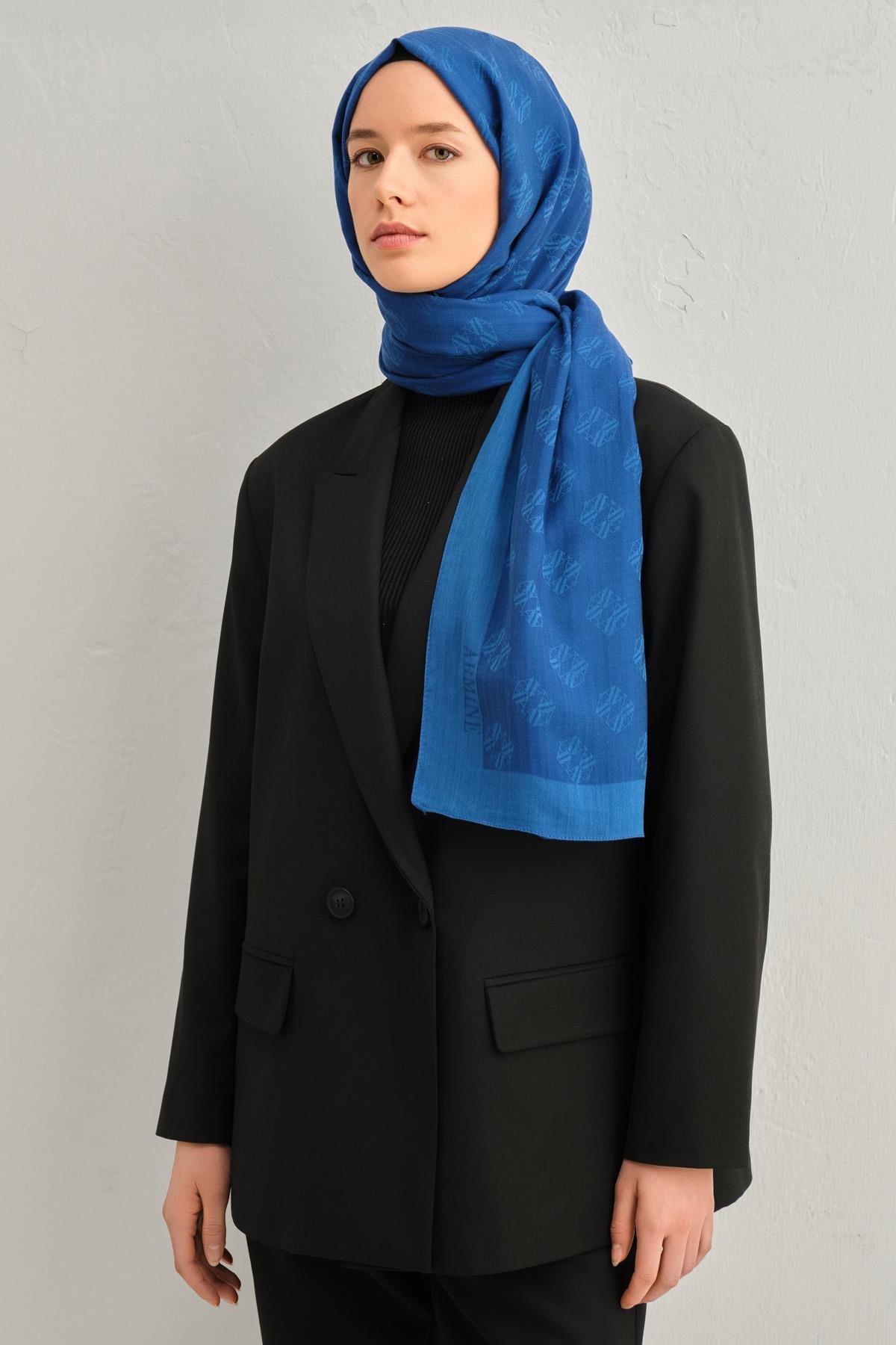 Armine Tensel İpek Şal 1 - Minimal Monogram Desen - 32115 - Saks Mavisi