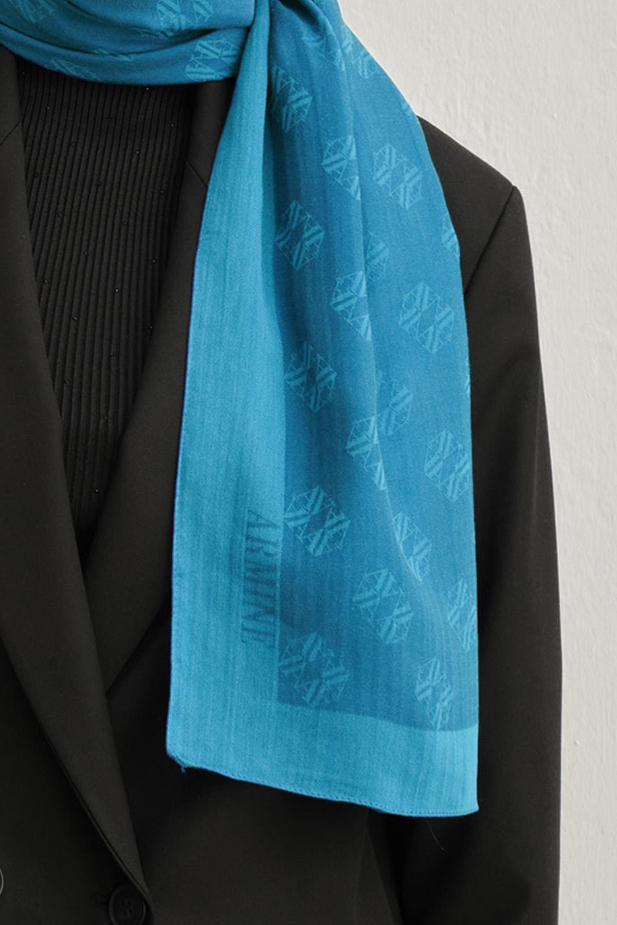 Armine Tensel İpek Şal 1 - Minimal Monogram Desen - 32118 - İndigo