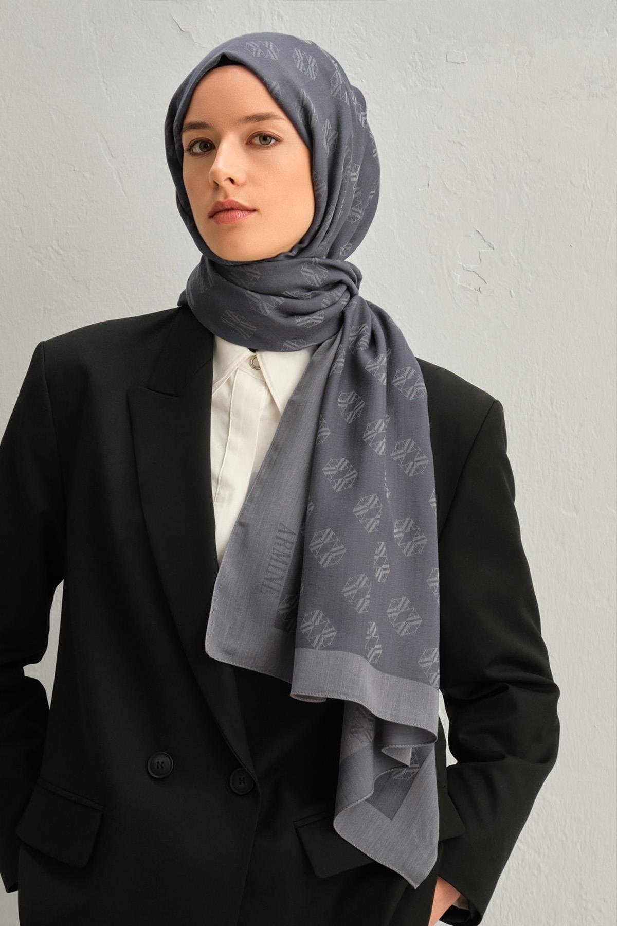 Armine Tensel İpek Şal 1 - Minimal Monogram Desen - 3296 - Gri