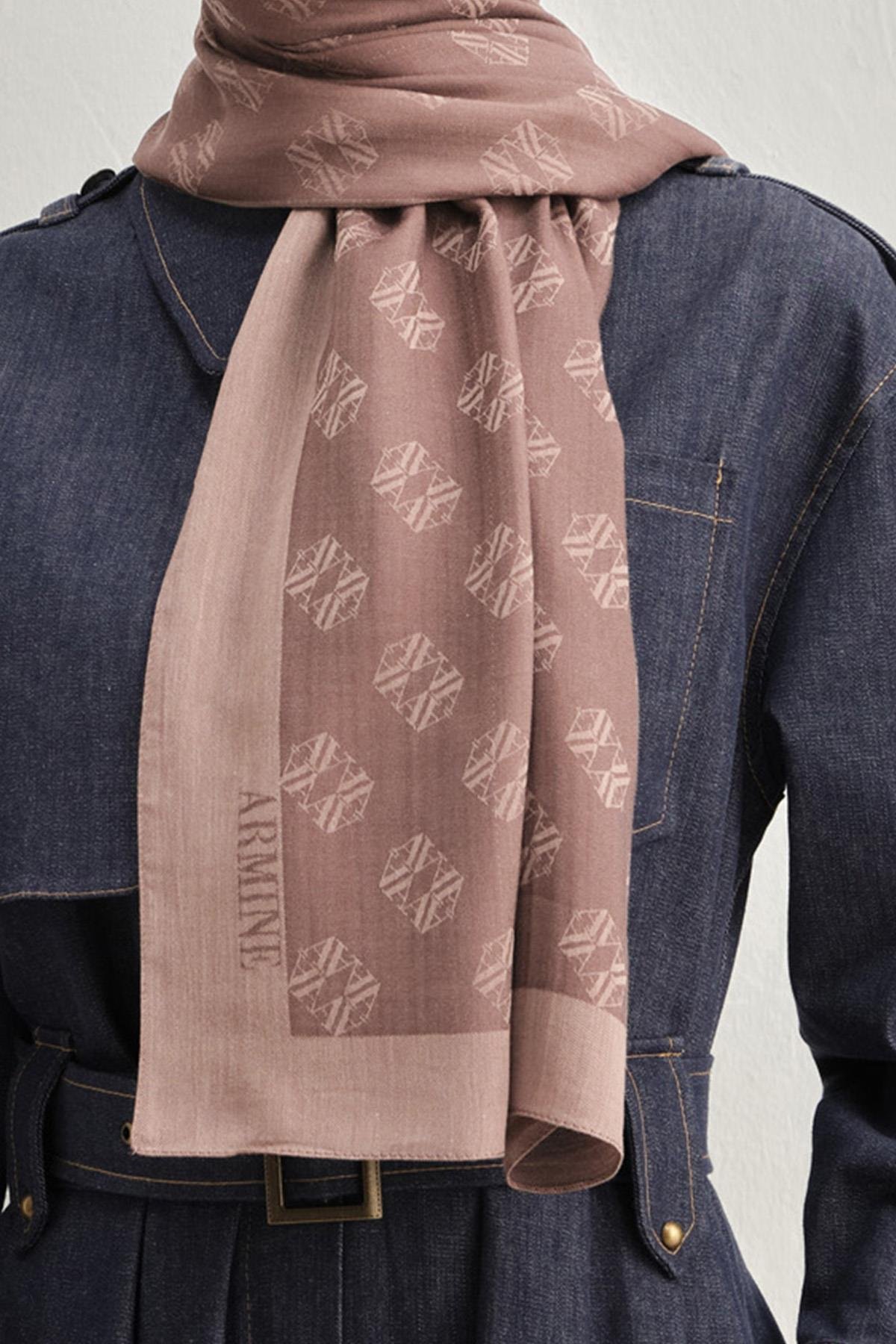 Armine Tensel İpek Şal 1 - Minimal Monogram Desen - 32104 - Açık Kahve