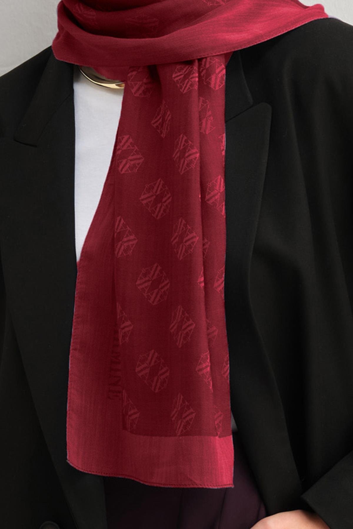 Armine Tensel İpek Şal 1 - Minimal Monogram Desen - 32109 - Kırmızı