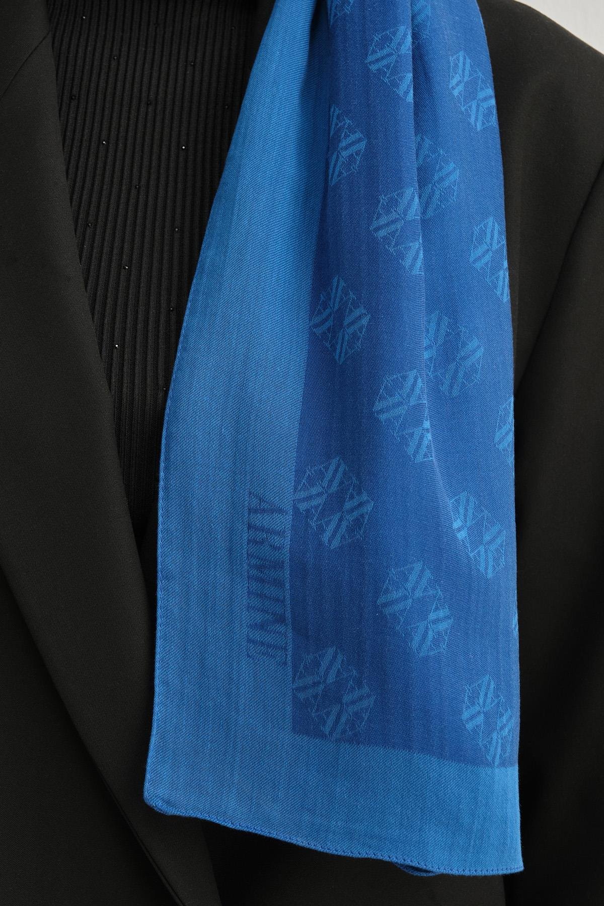 Armine Tensel İpek Şal 1 - Minimal Monogram Desen - 32115 - Saks Mavisi