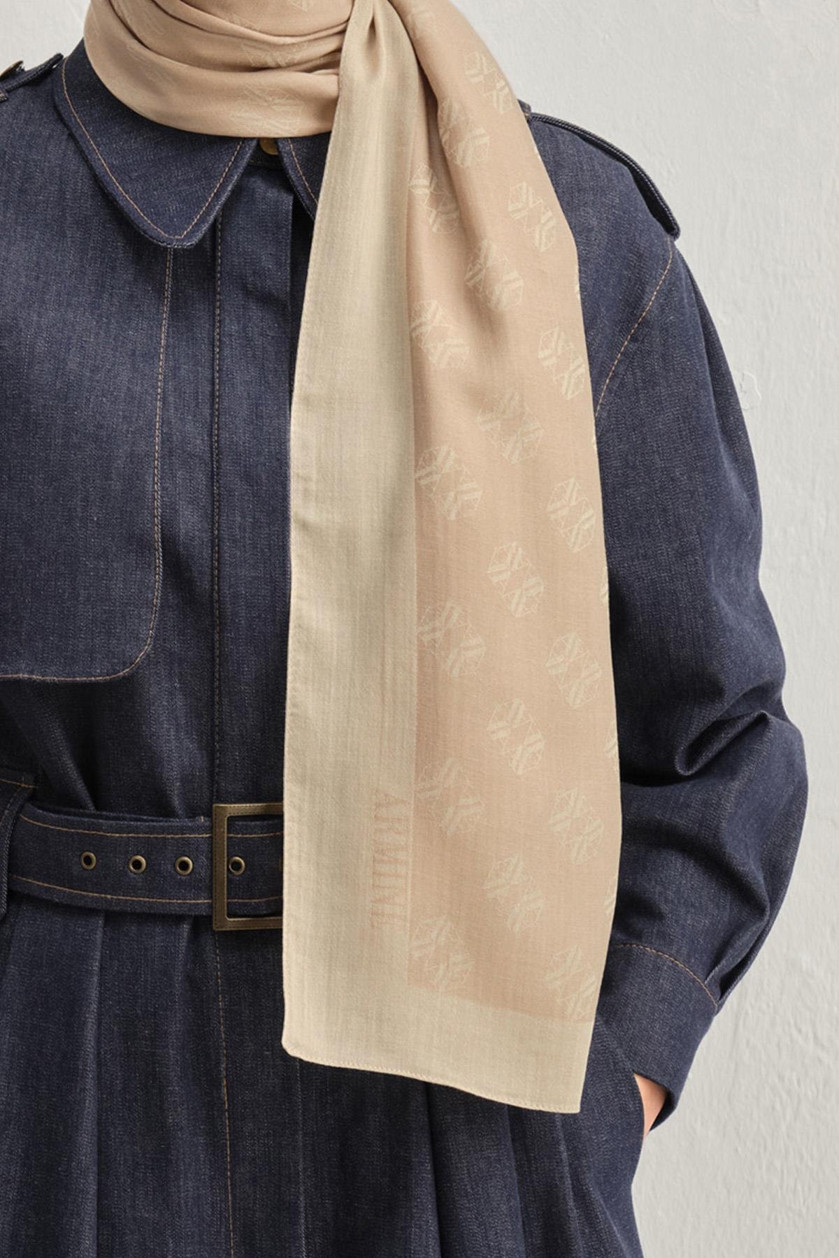 Armine Tensel İpek Şal 1 - Minimal Monogram Desen - 32102 - Latte