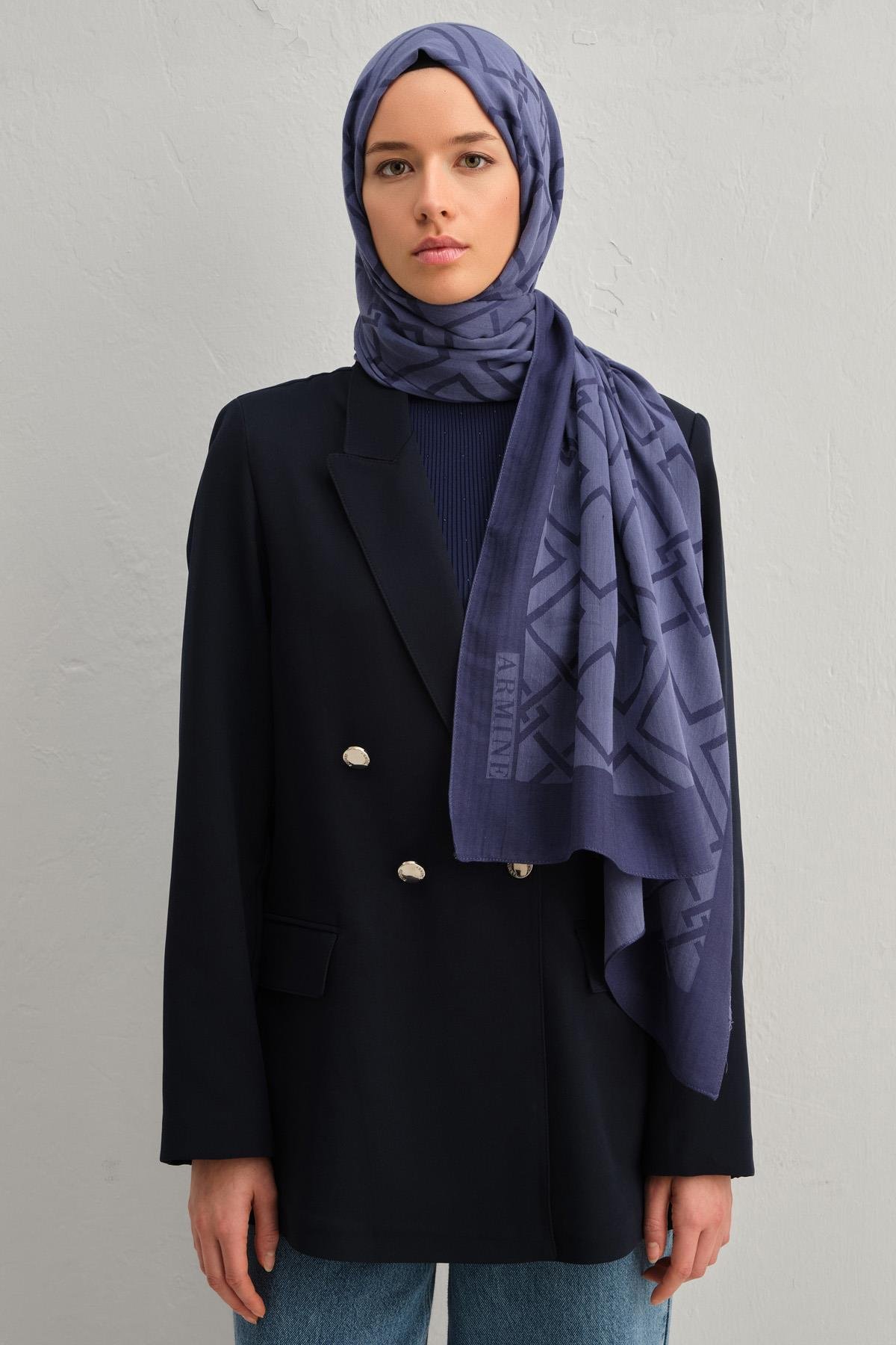 Armine Tensel İpek Şal 2 - Zincir Desen - 3292 - Soft Lacivert