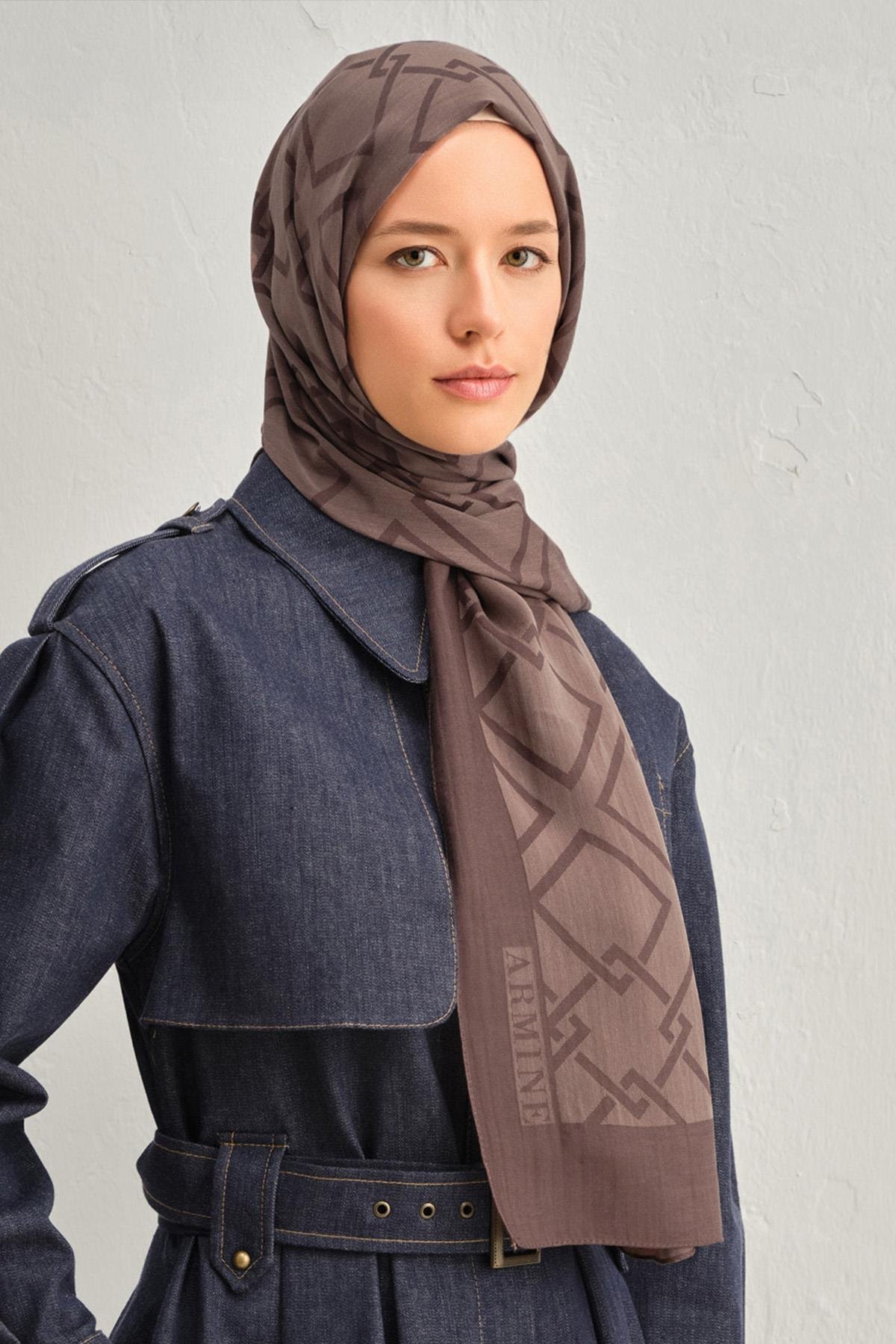 Armine Tensel İpek Şal 2 - Zincir Desen - 32105 - Kahverengi