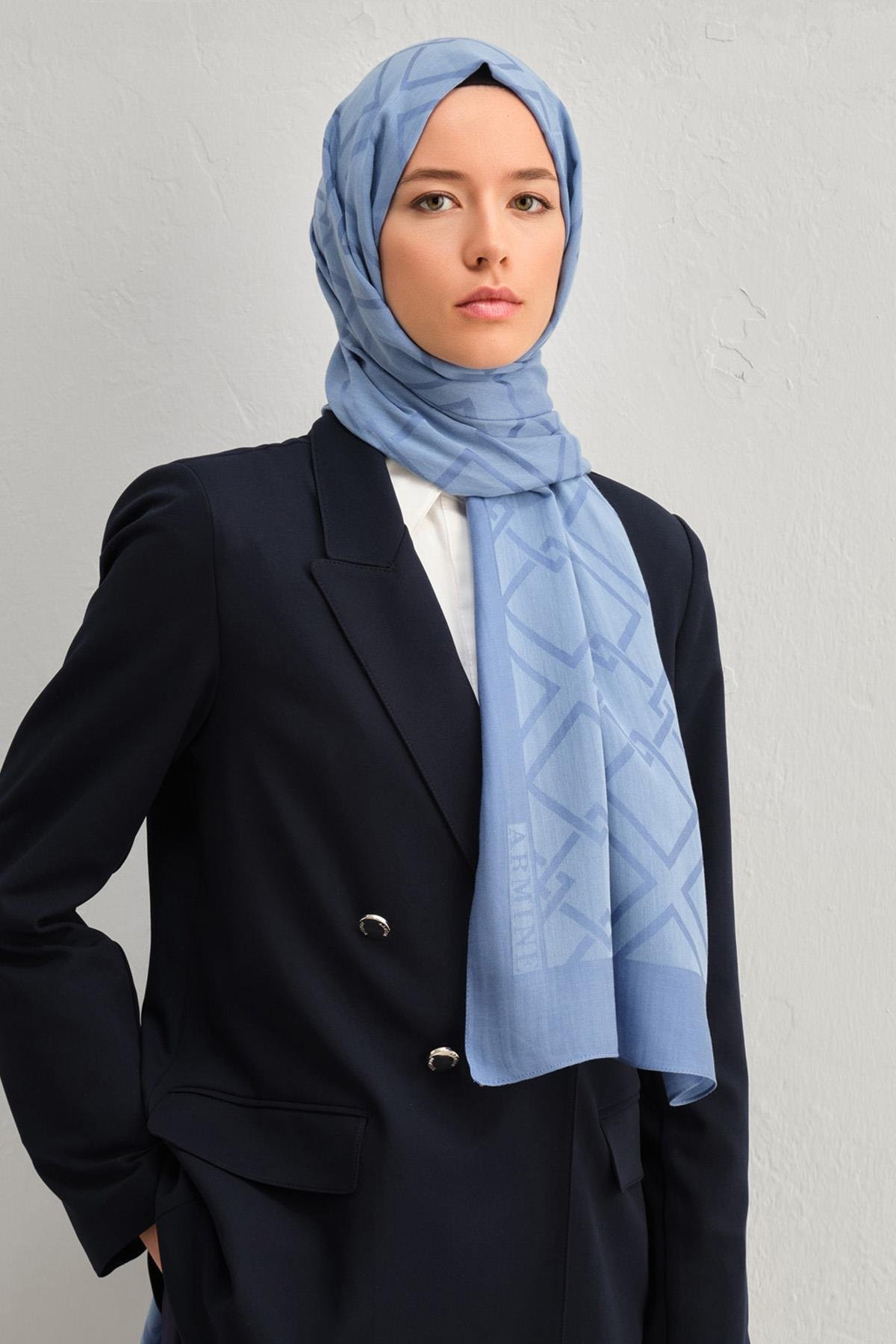 Armine Tensel İpek Şal 2 - Zincir Desen - 32113 - Mavi