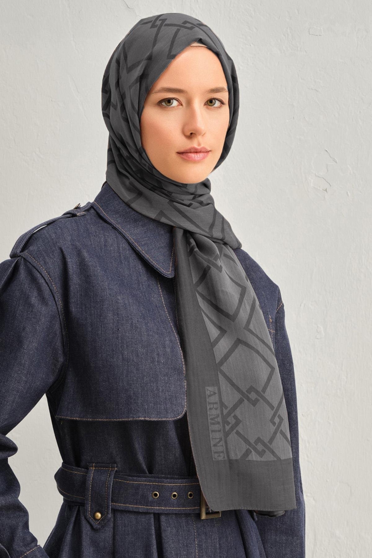 Armine Tensel İpek Şal 2 - Zincir Desen - 3296 - Gri