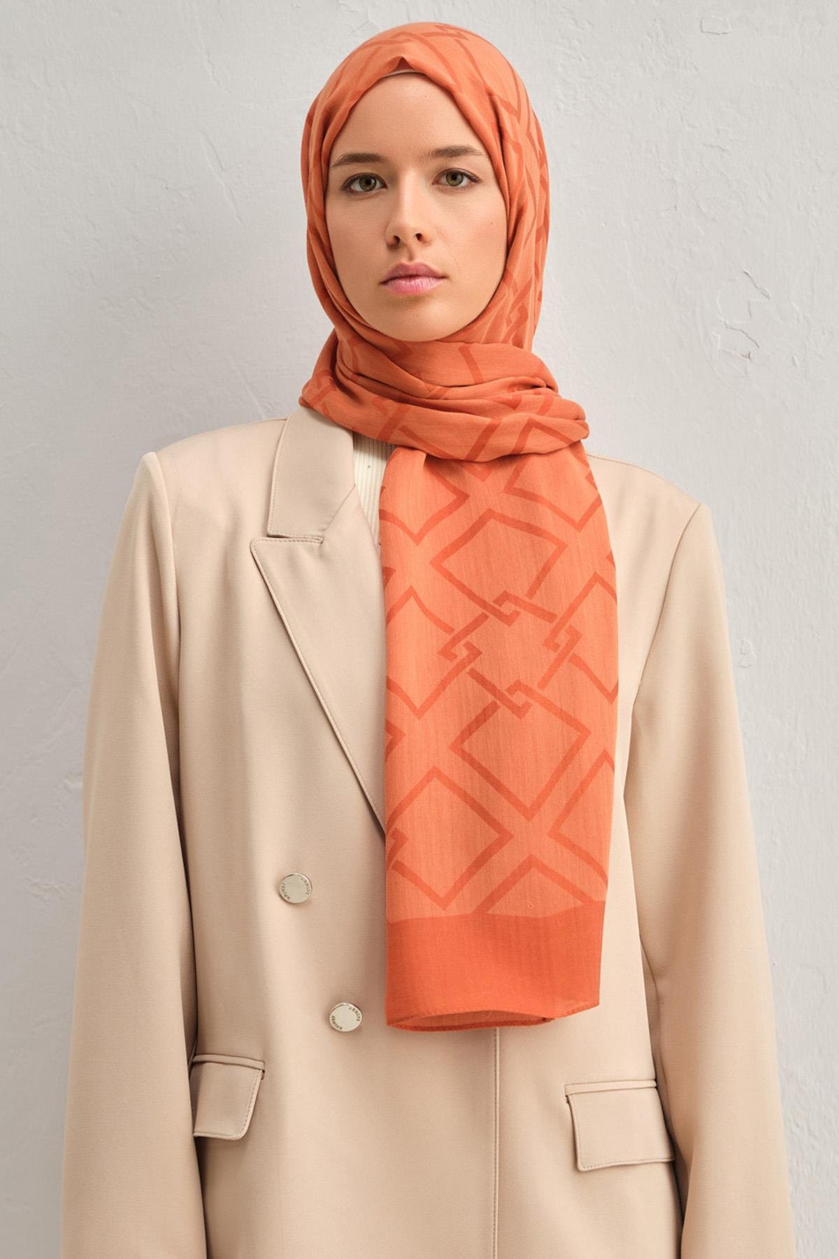 Armine Tensel İpek Şal 2 - Zincir Desen - 32106 - Turuncu