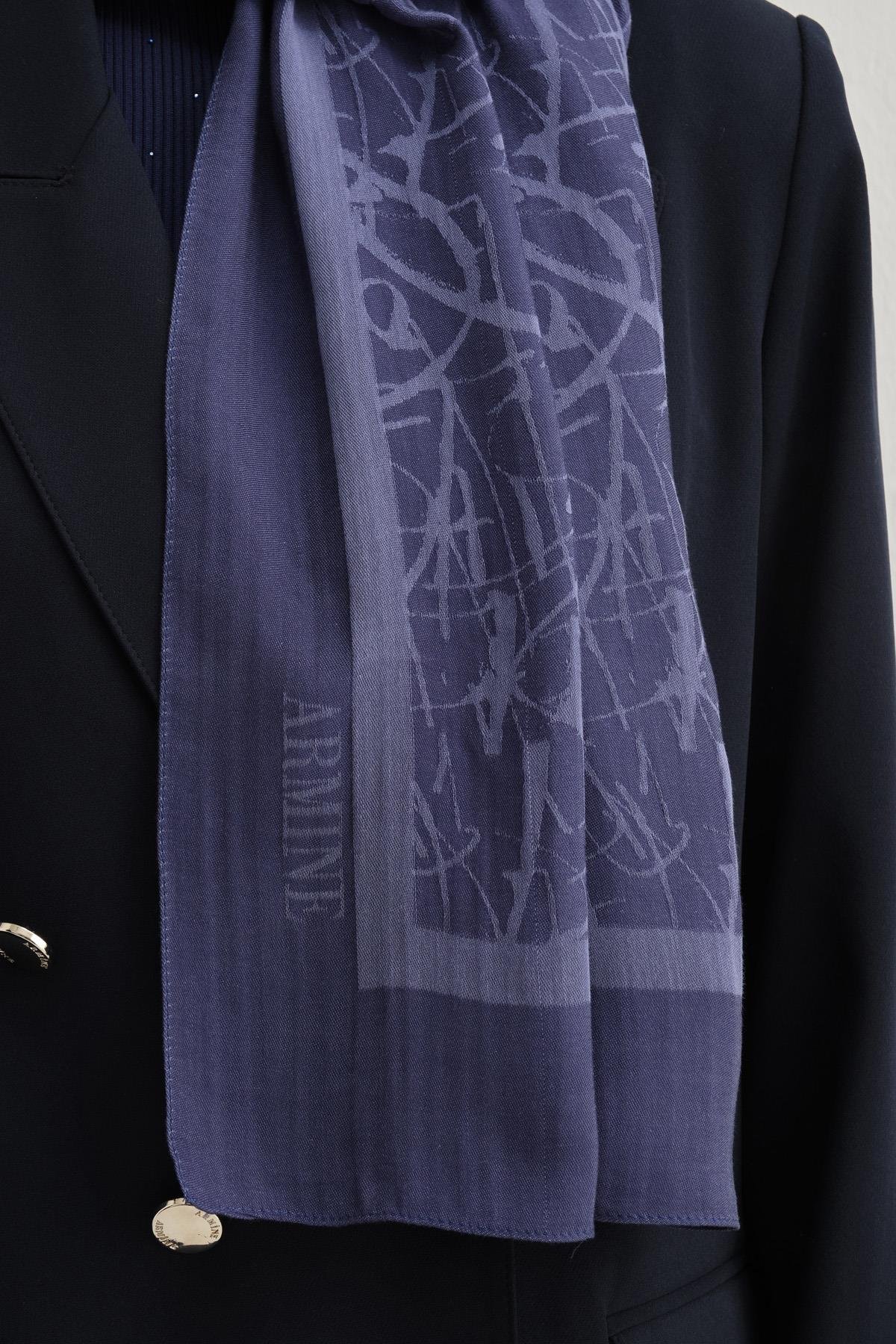 Armine Tensel İpek Şal 3 - Kaligrafi Desen - 3292 - Soft Lacivert