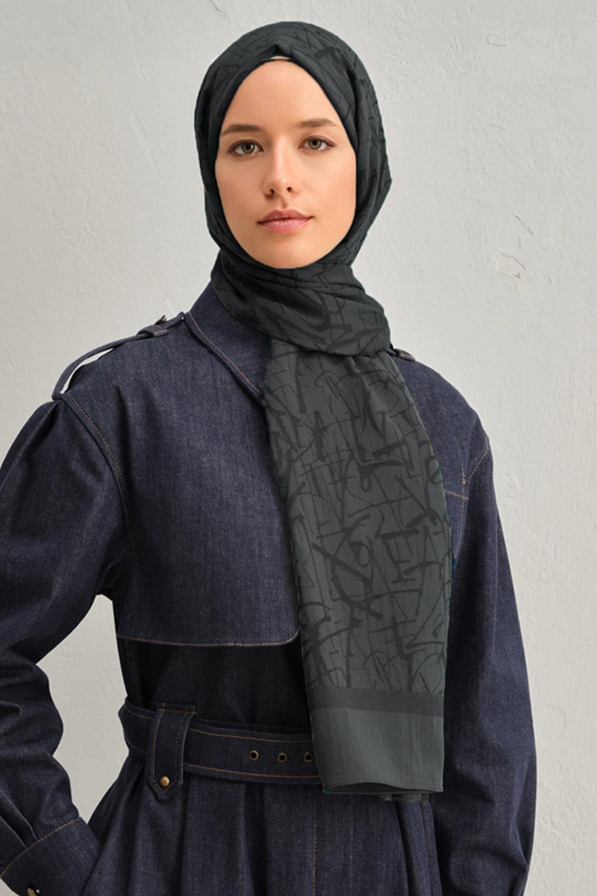 Armine Tensel İpek Şal 3 - Kaligrafi Desen - 3296 - Gri