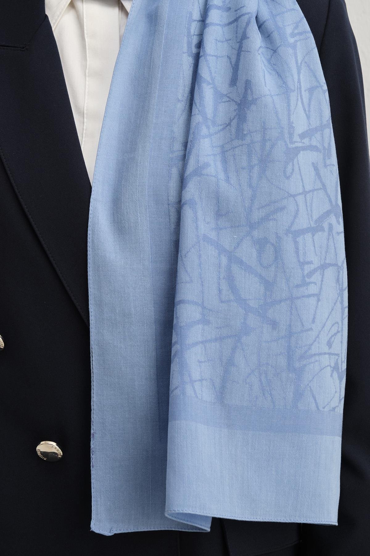 Armine Tensel İpek Şal 3 - Kaligrafi Desen - 32113 - Mavi