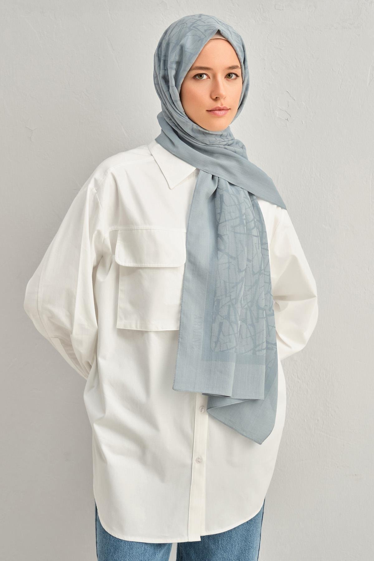 Armine Tensel İpek Şal 3 - Kaligrafi Desen - 3291 - Su Yeşili