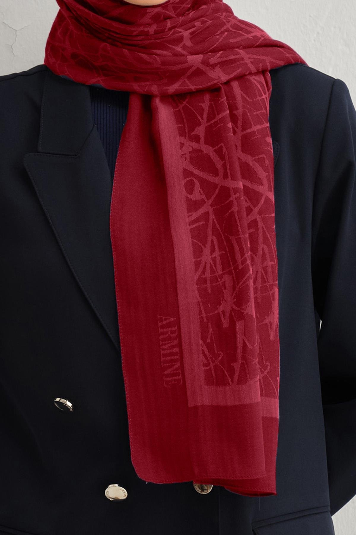 Armine Tensel İpek Şal 3 - Kaligrafi Desen - 32109 - Kırmızı