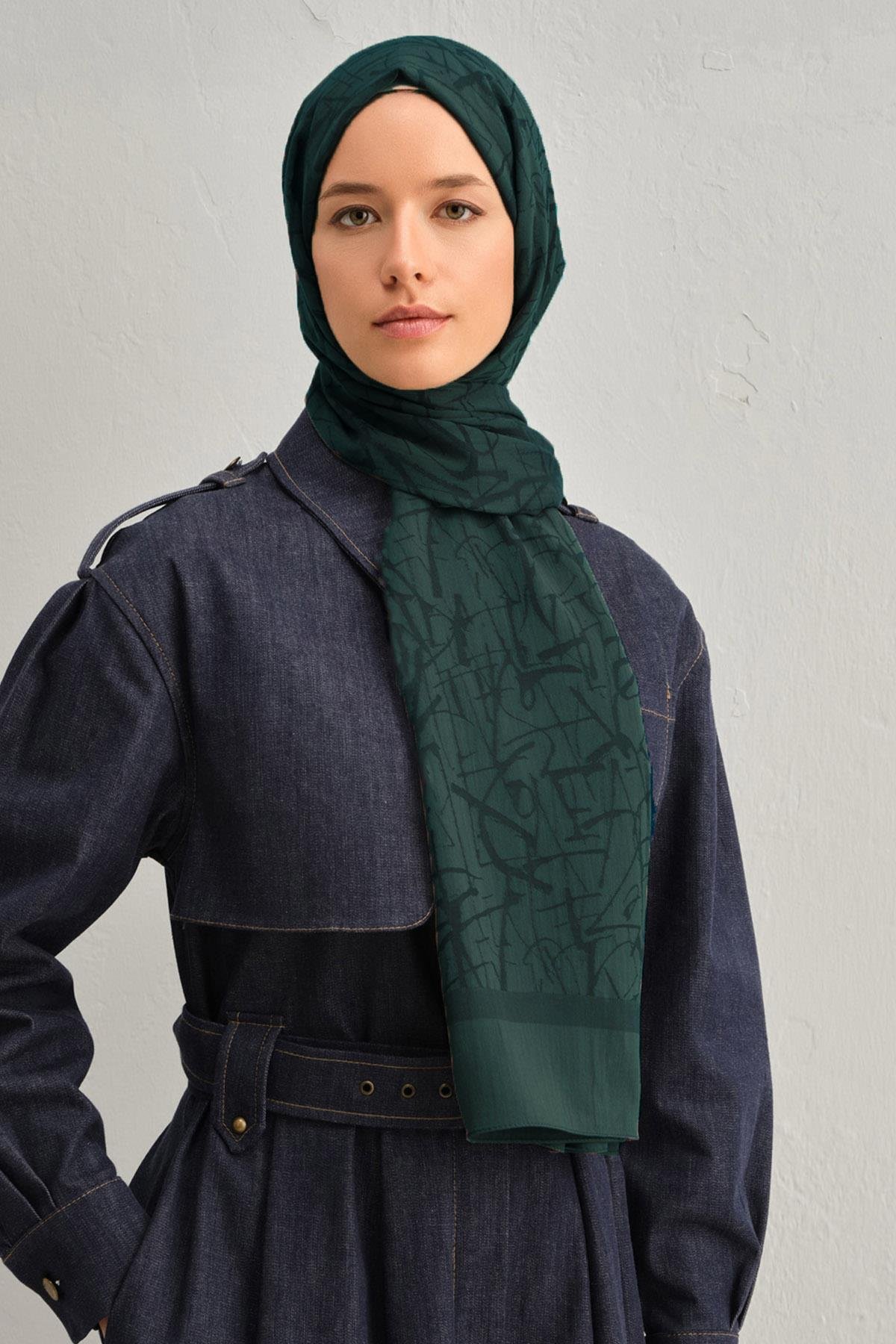 Armine Tensel İpek Şal 3 - Kaligrafi Desen - 3299 - Zümrüt