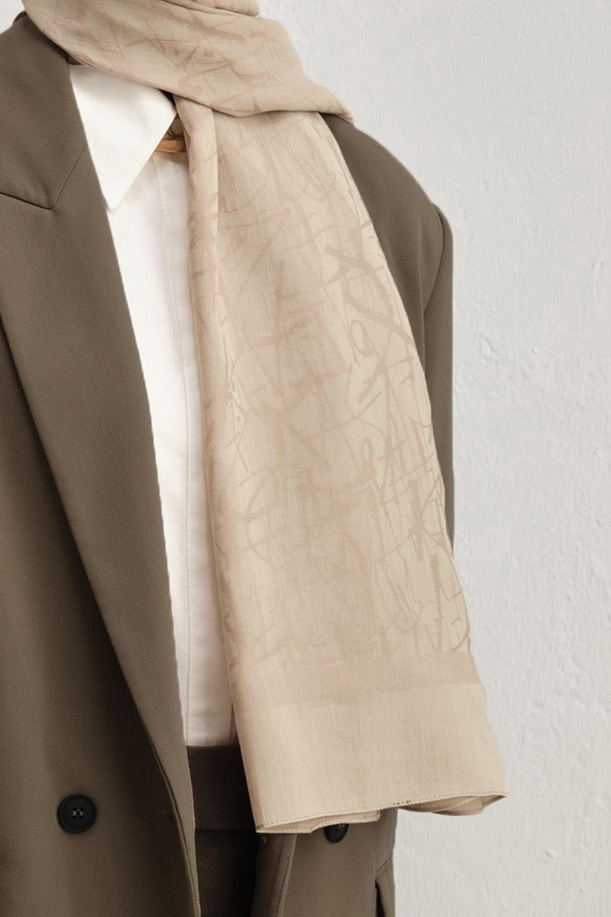 Armine Tensel İpek Şal 3 - Kaligrafi Desen - 32102 - Latte