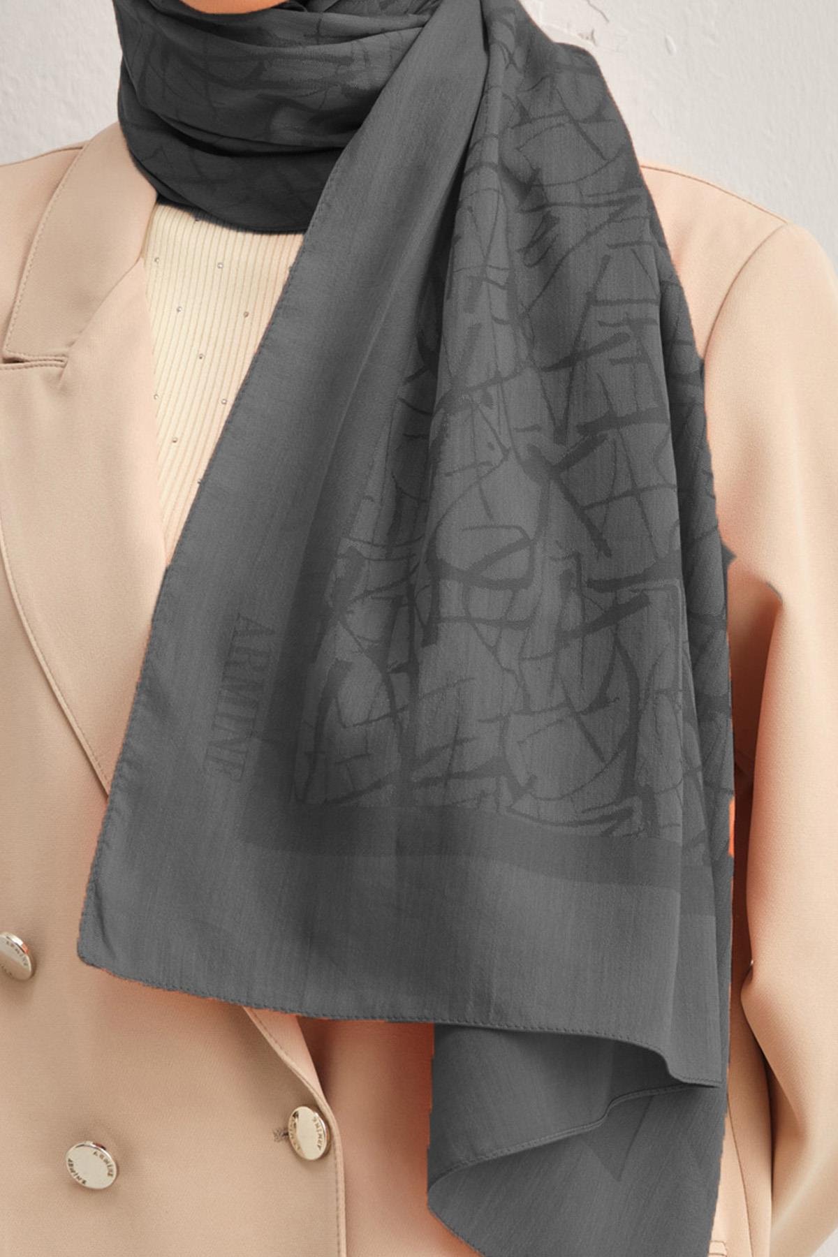 Armine Tensel İpek Şal 3 - Kaligrafi Desen - 02 - Füme