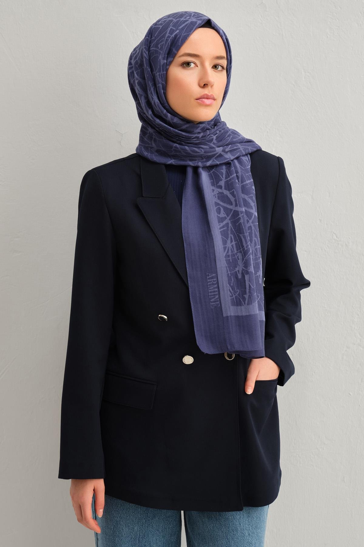 Armine Tensel İpek Şal 3 - Kaligrafi Desen - 3292 - Soft Lacivert