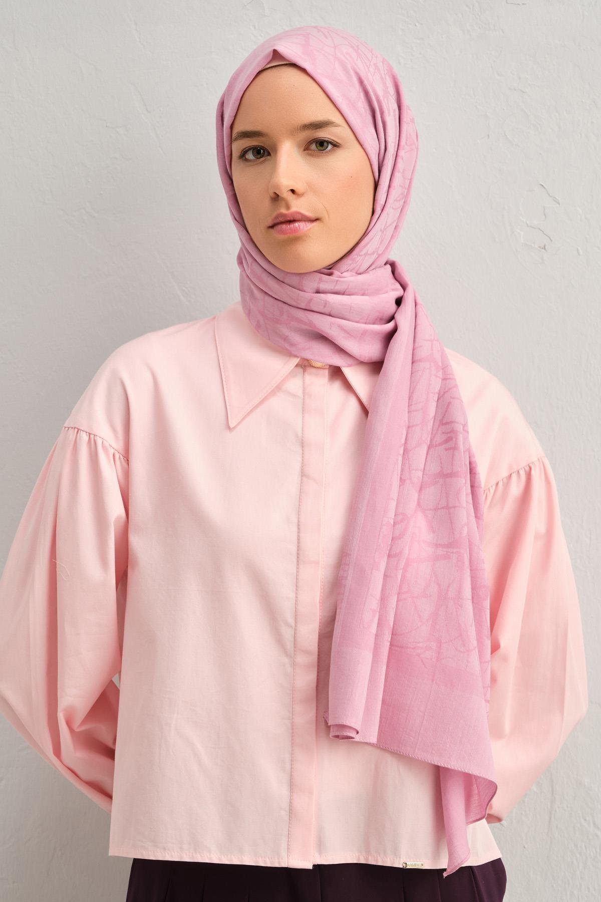 Armine Tensel İpek Şal 3 - Kaligrafi Desen - 32110 - Pembe