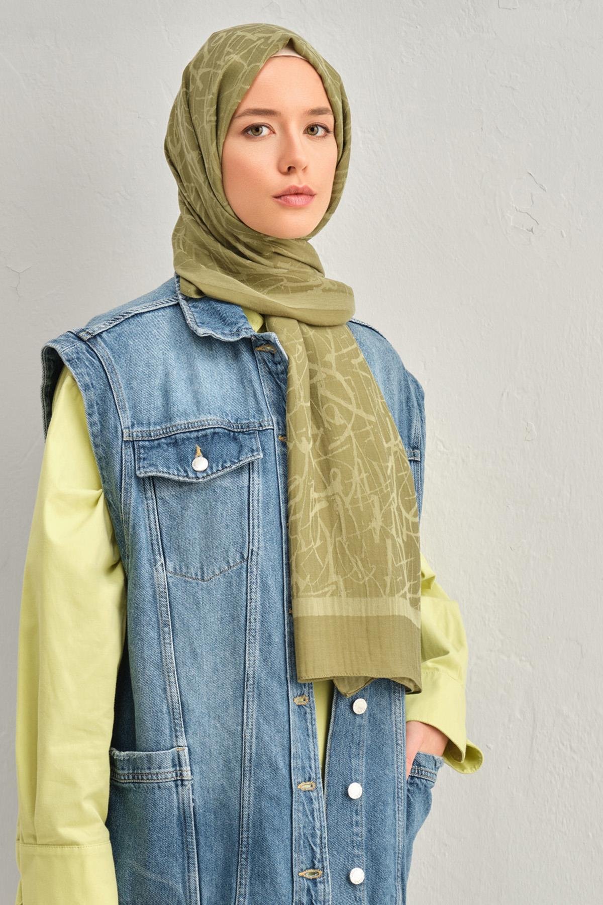 Armine Tensel İpek Şal 3 - Kaligrafi Desen - 3297 - Yeşil