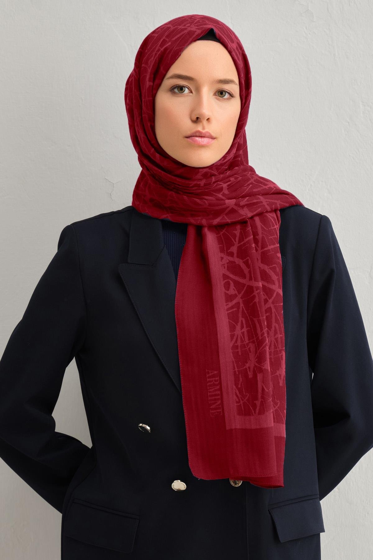 Armine Tensel İpek Şal 3 - Kaligrafi Desen - 32109 - Kırmızı