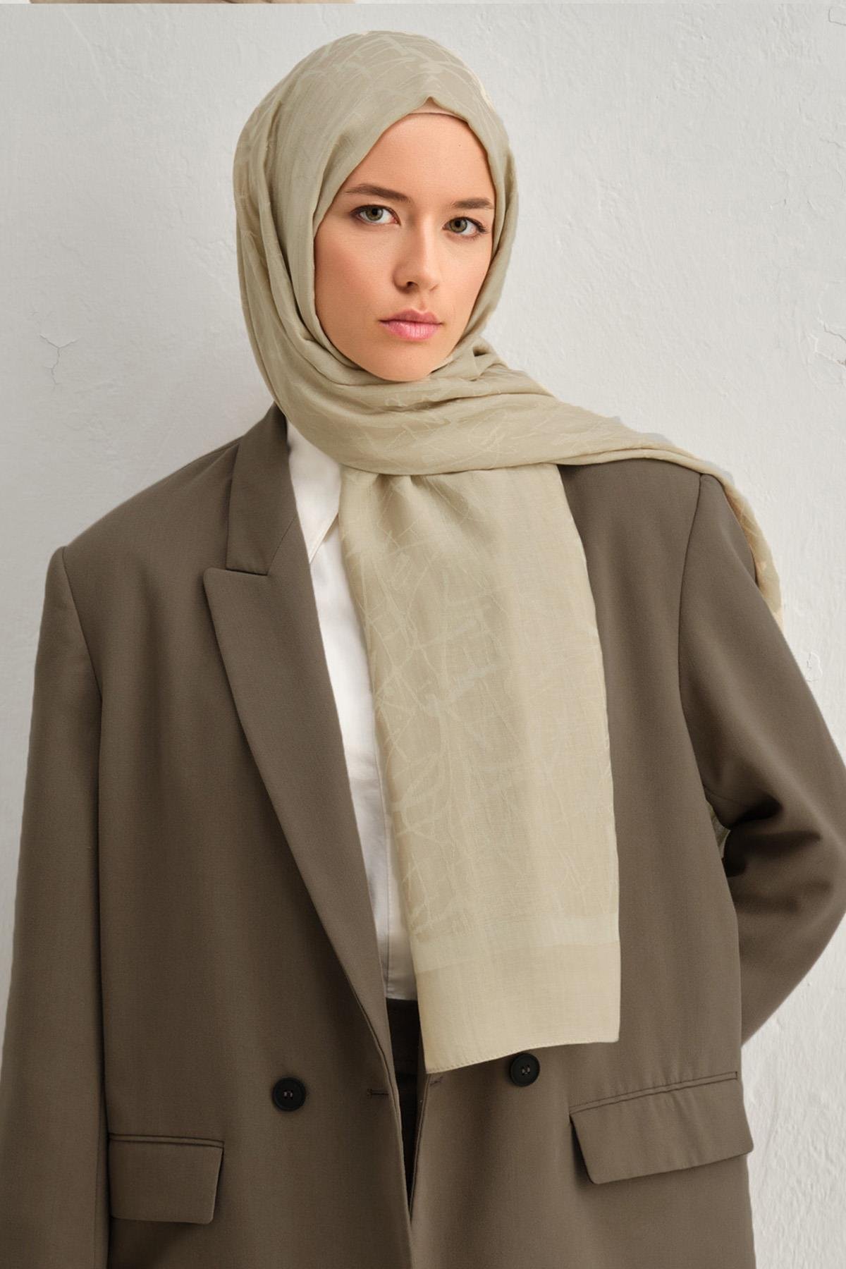 Armine Tensel İpek Şal 3 - Kaligrafi Desen - 32101 - Kum Beji