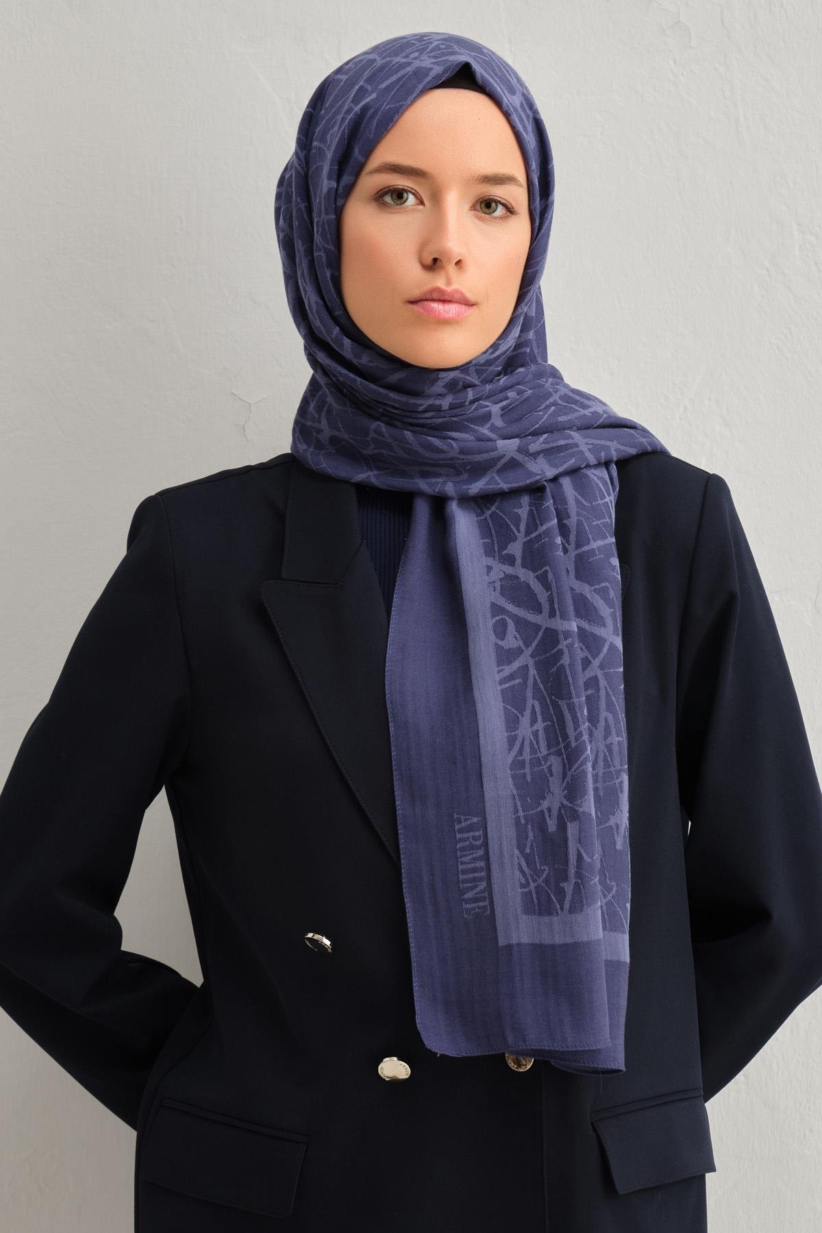 Armine Tensel İpek Şal 3 - Kaligrafi Desen - 3292 - Soft Lacivert