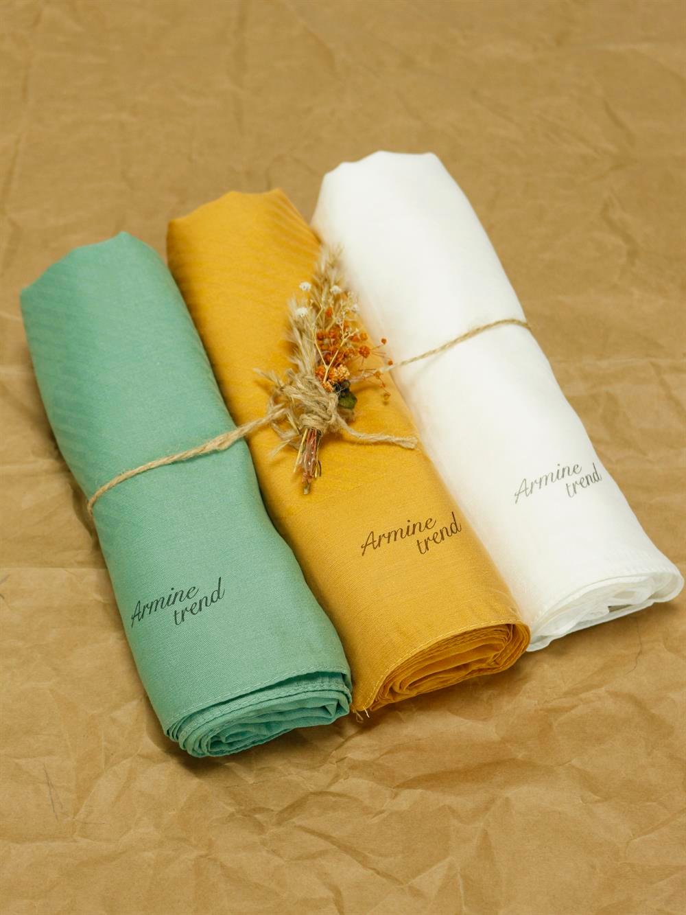 Armine Trend Işıl Şal - Pamuklu - ATS3ISL - 3'lü Set - Beyaz, Yeşil, Hardal Sarısı