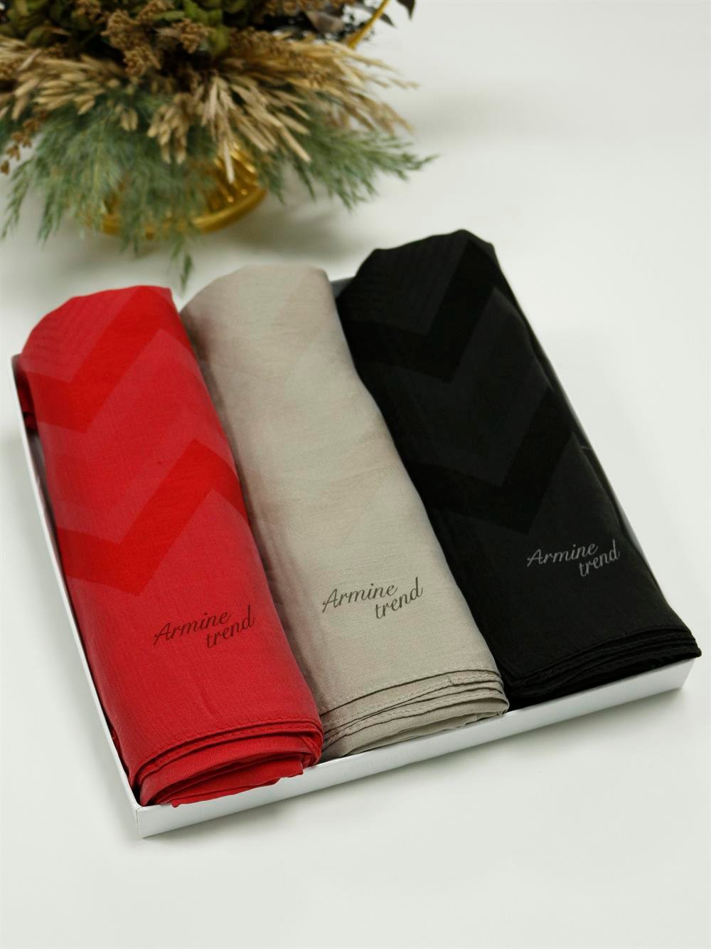 Armine Trend Işıl Şal - Pamuklu - ATS5ISL - 3'lü Set - Kırmızı, Açık Kahverengi, Siyah   