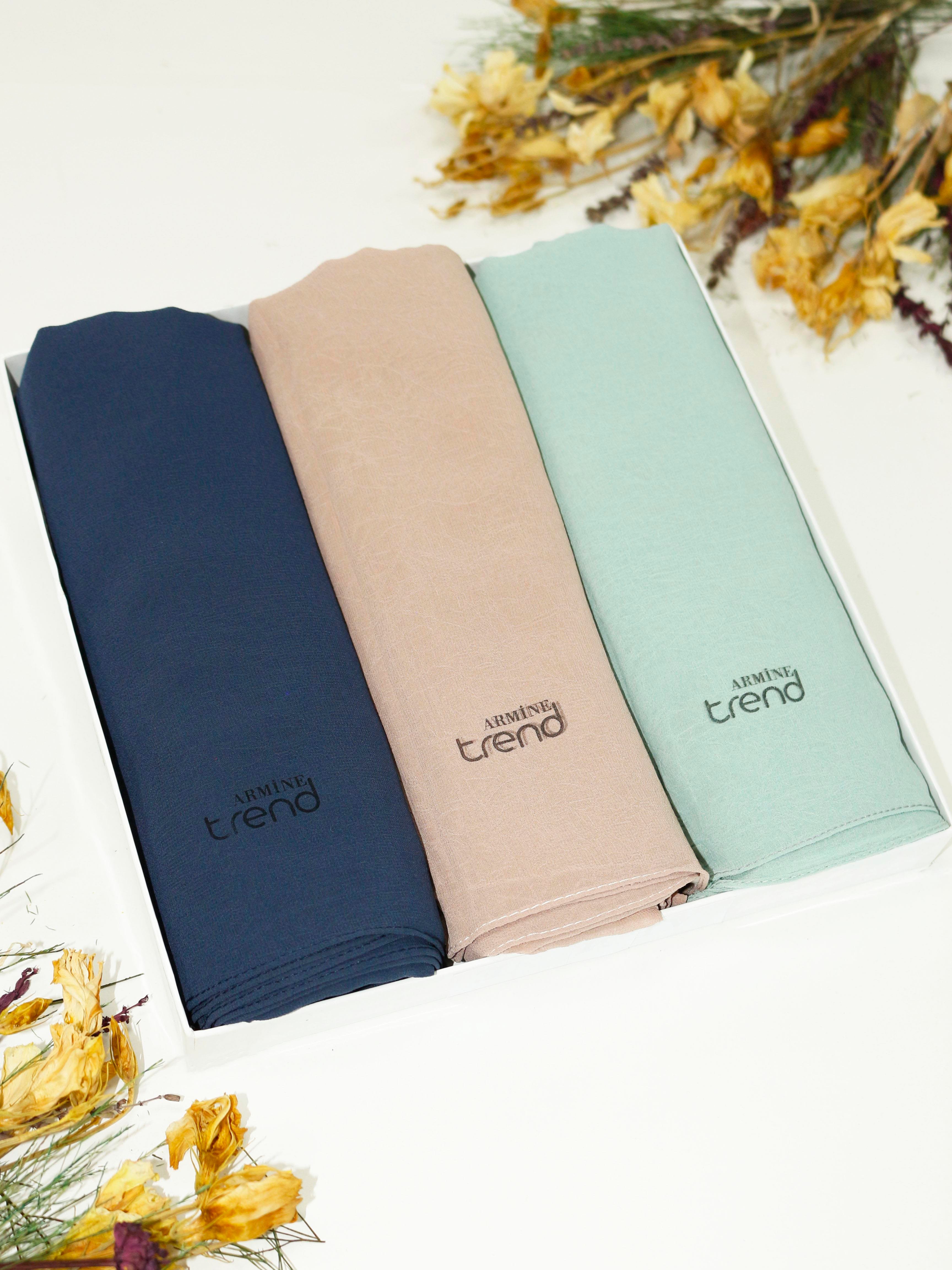 Armine Trend Krinkıl Şifon Şal - ATSKRN - 3'lü Set - Lacivert, Kahve, Mint Yeşili