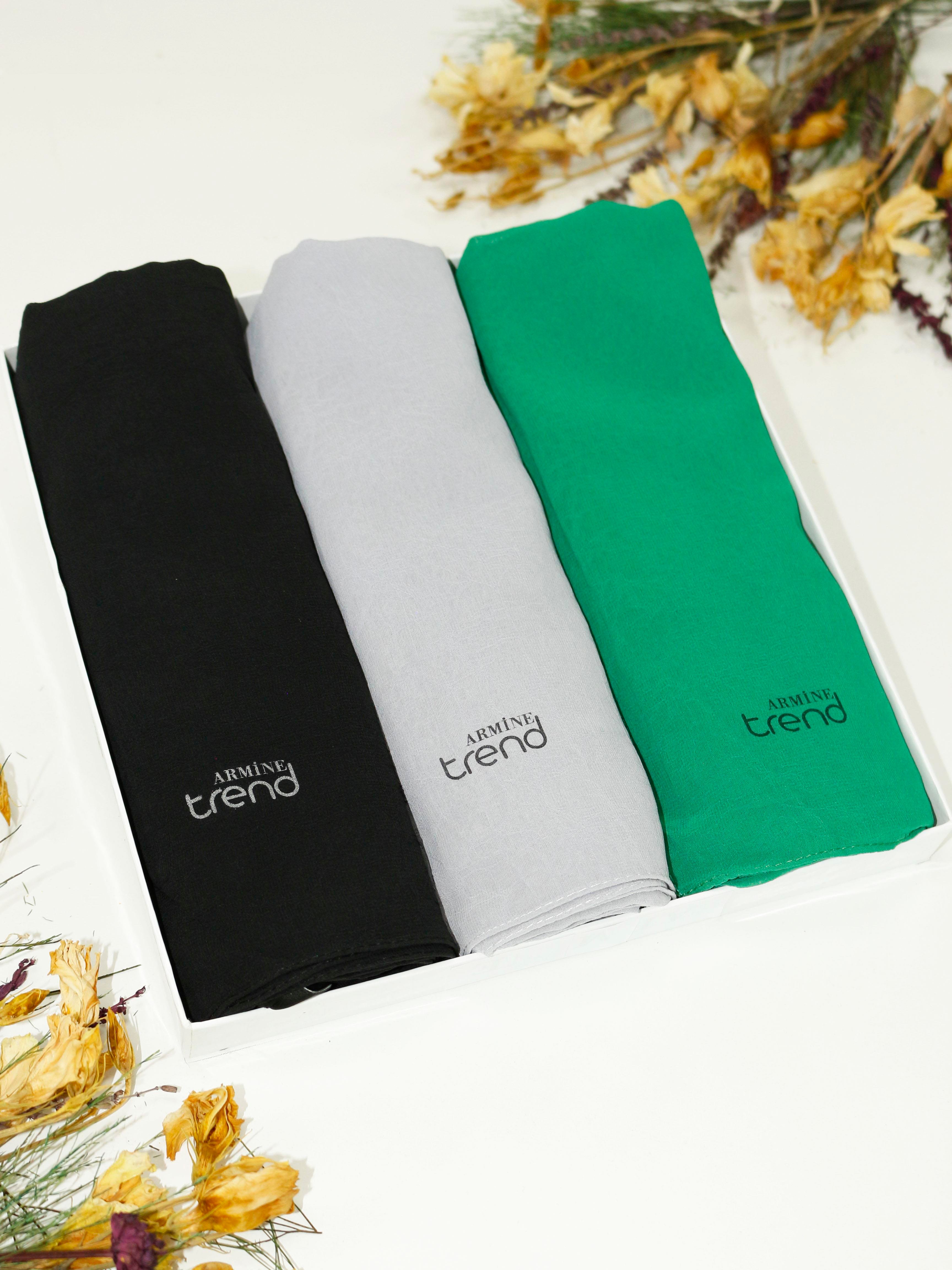 Armine Trend Krinkıl Şifon Şal - ATSKRN - 3'lü Set - Siyah, Gri, Yeşil