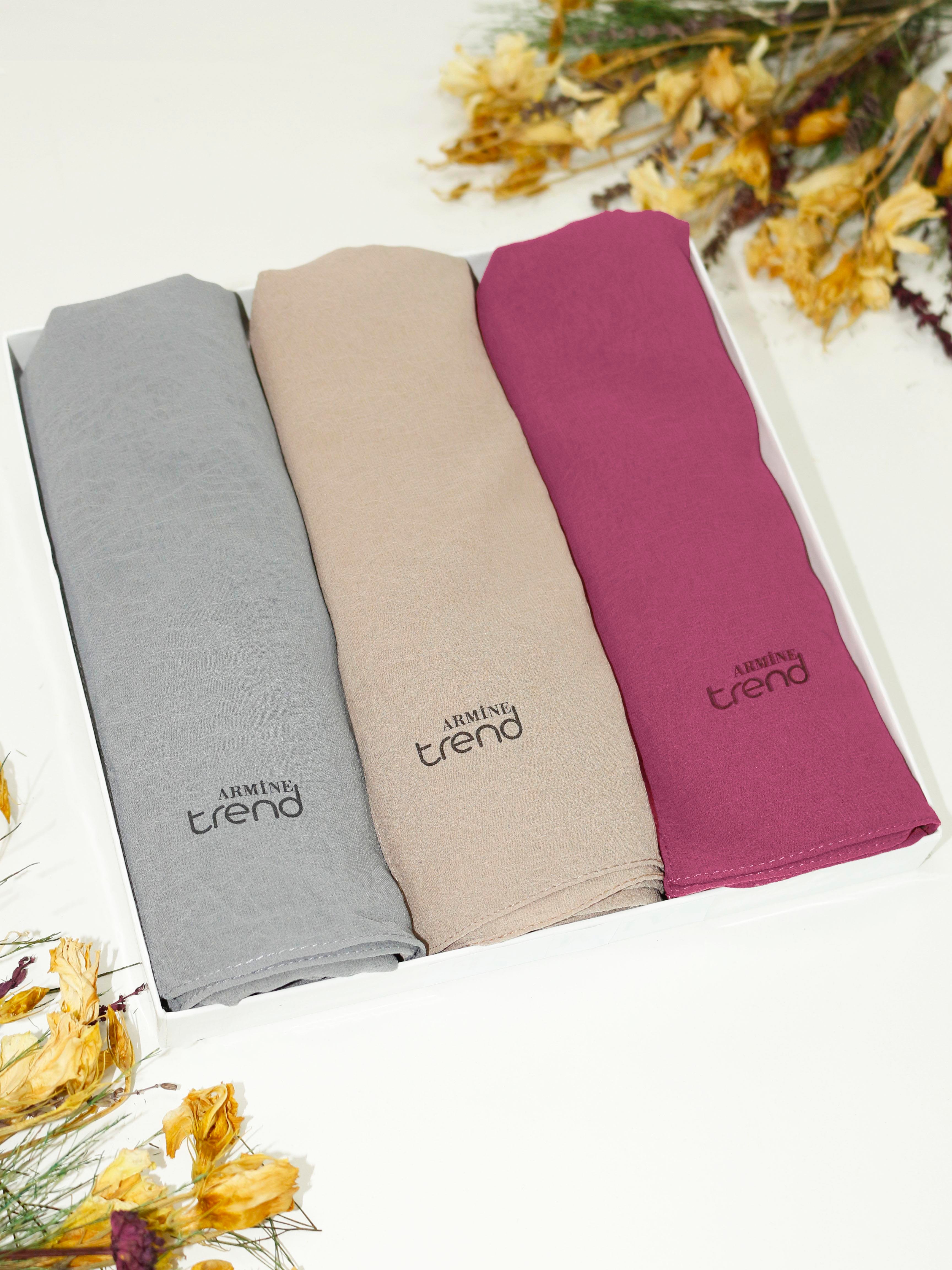 Armine Trend Krinkıl Şifon Şal - ATSKRN - 3'lü Set - Gri, Vizon, Pembe