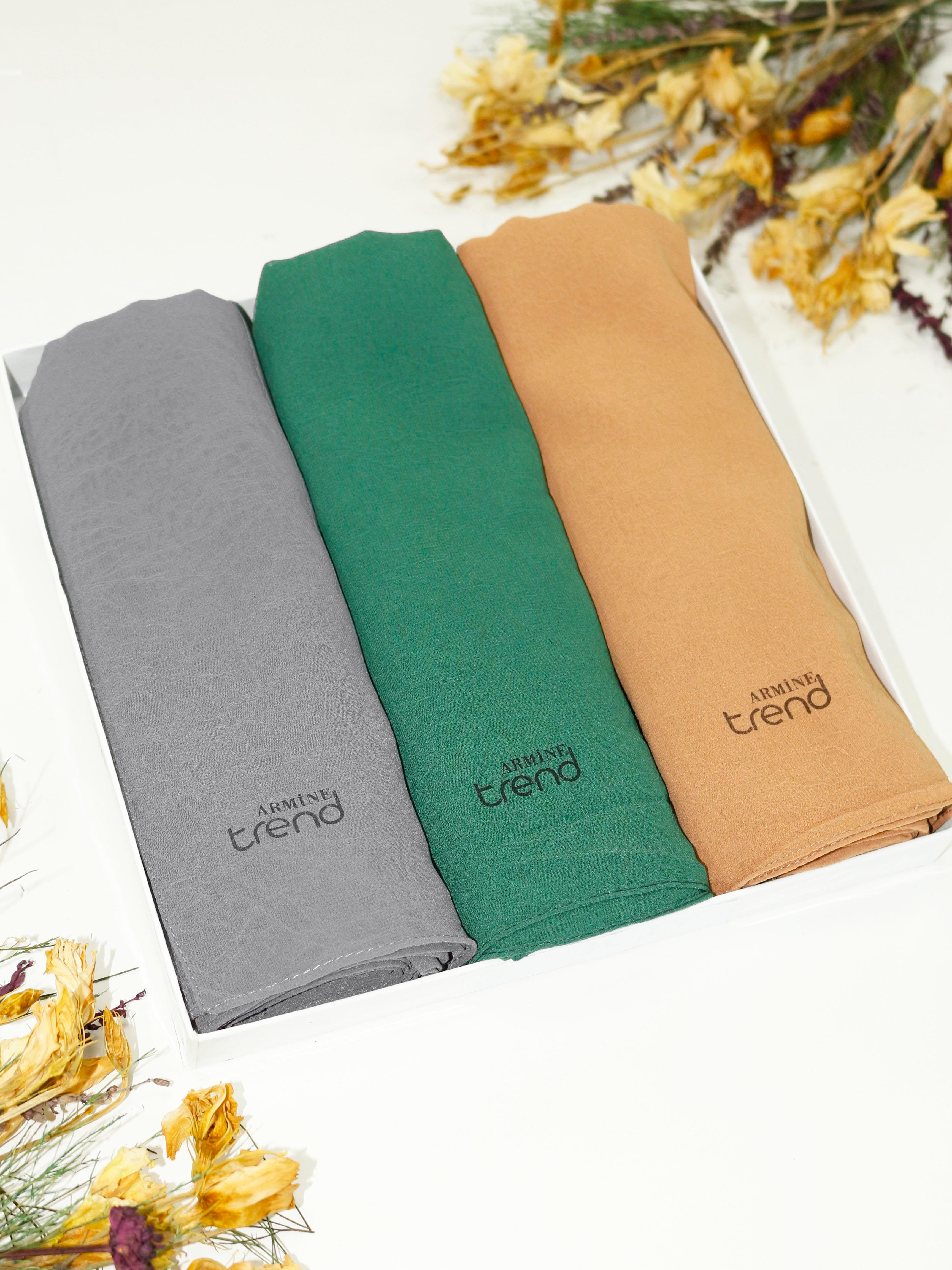 Armine Trend Krinkıl Şifon Şal - ATSKRN - 3'lü Set - Gri, Kahve, Yeşil