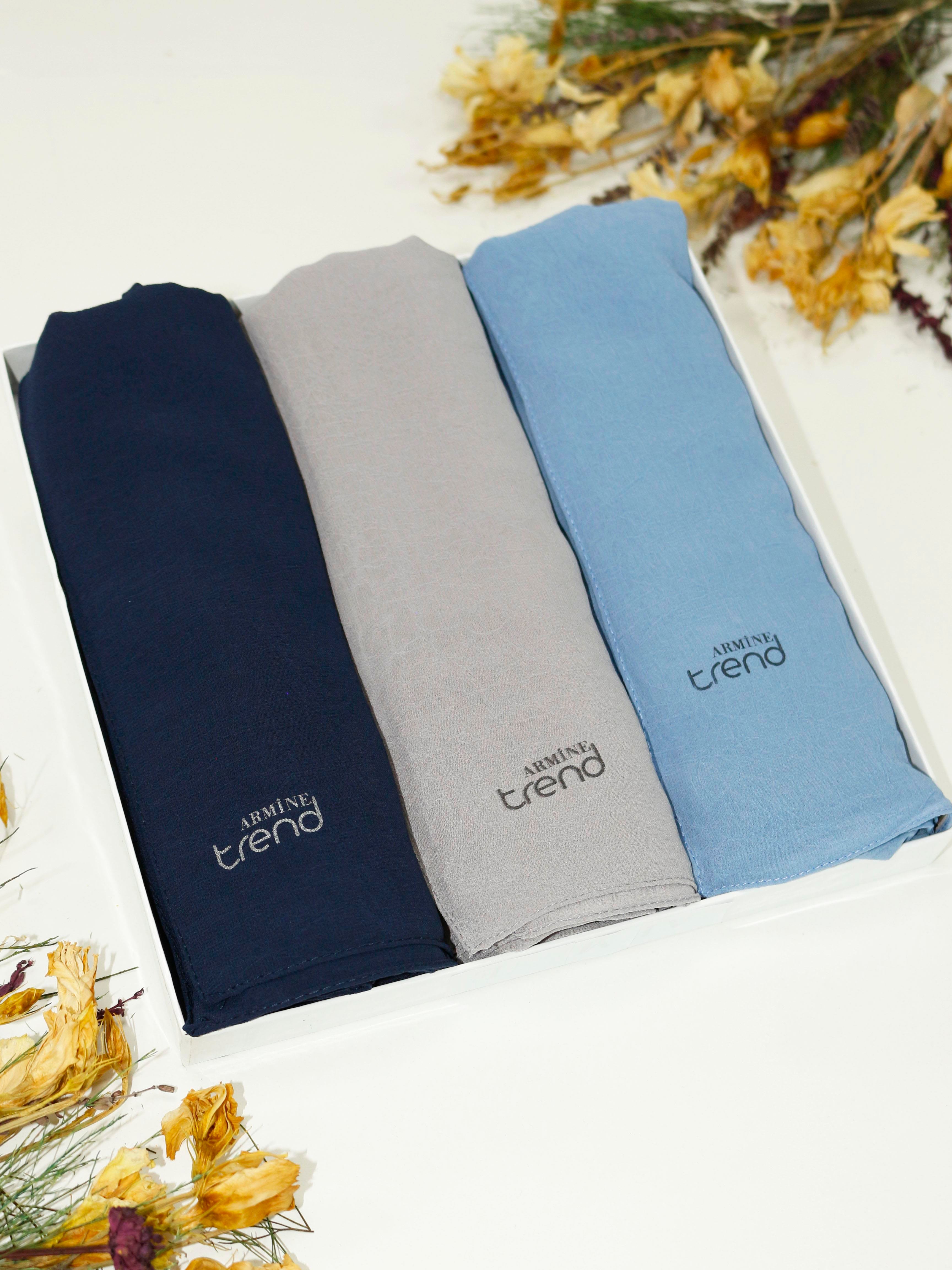 Armine Trend Krinkıl Şifon Şal - ATSKRN - 3'lü Set - Lacivert, Gri, Mavi