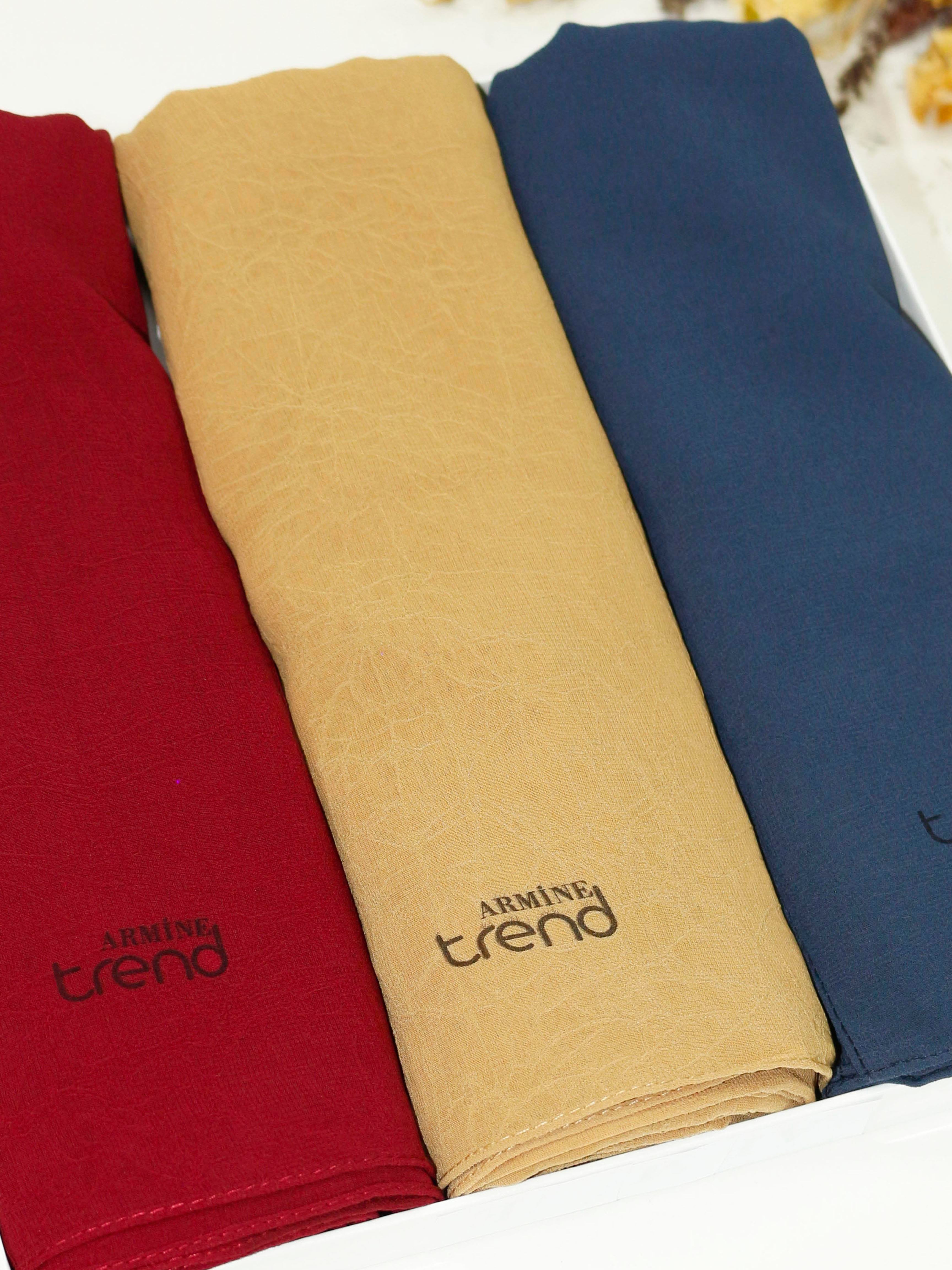 Armine Trend Krinkıl Şifon Şal - ATSKRN - 3'lü Set - Lacivert, Saman Sarısı, Vişne