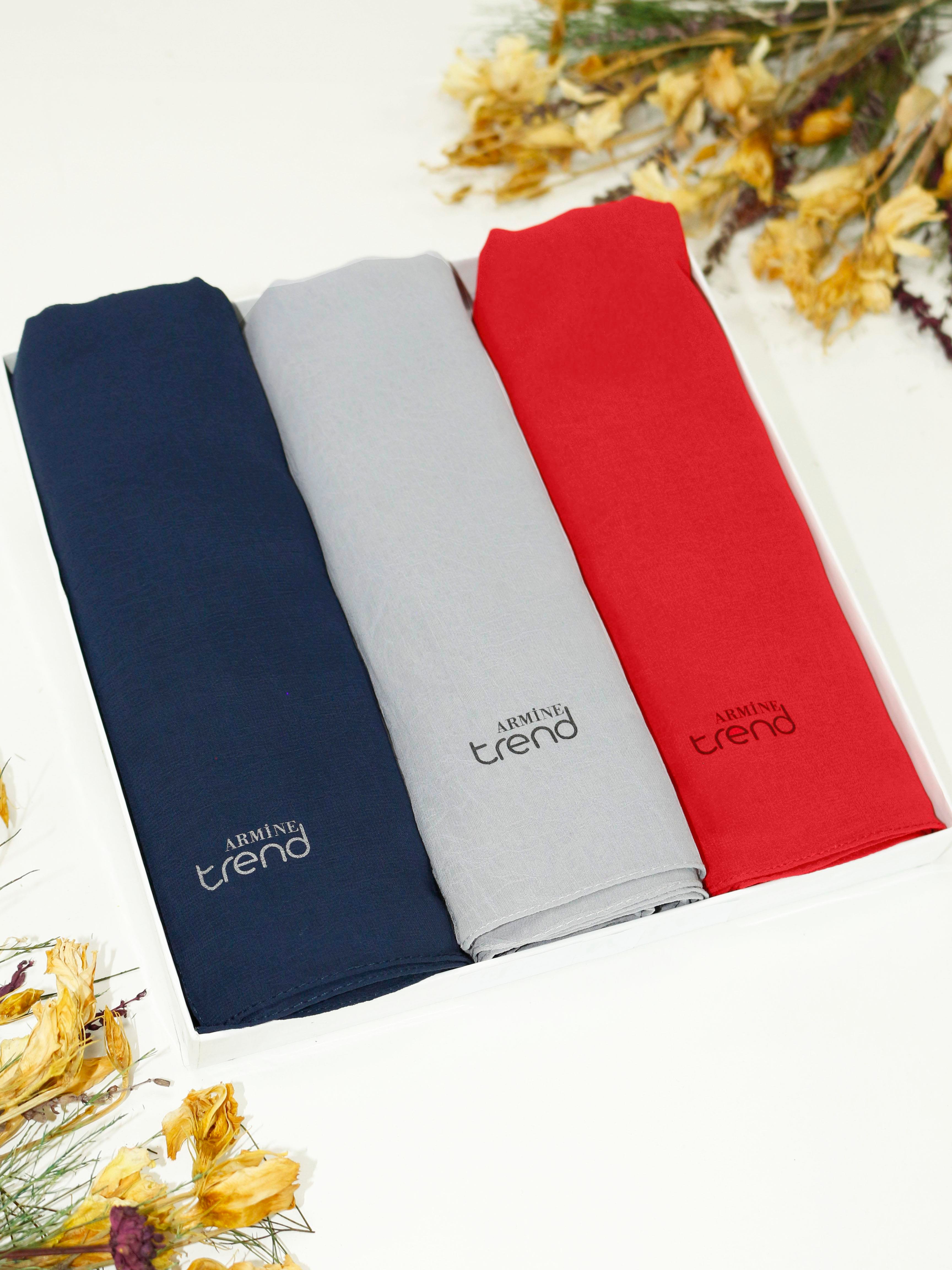 Armine Trend Krinkıl Şifon Şal - ATSKRN - 3'lü Set - Lacivert, Kırmızı, Gri