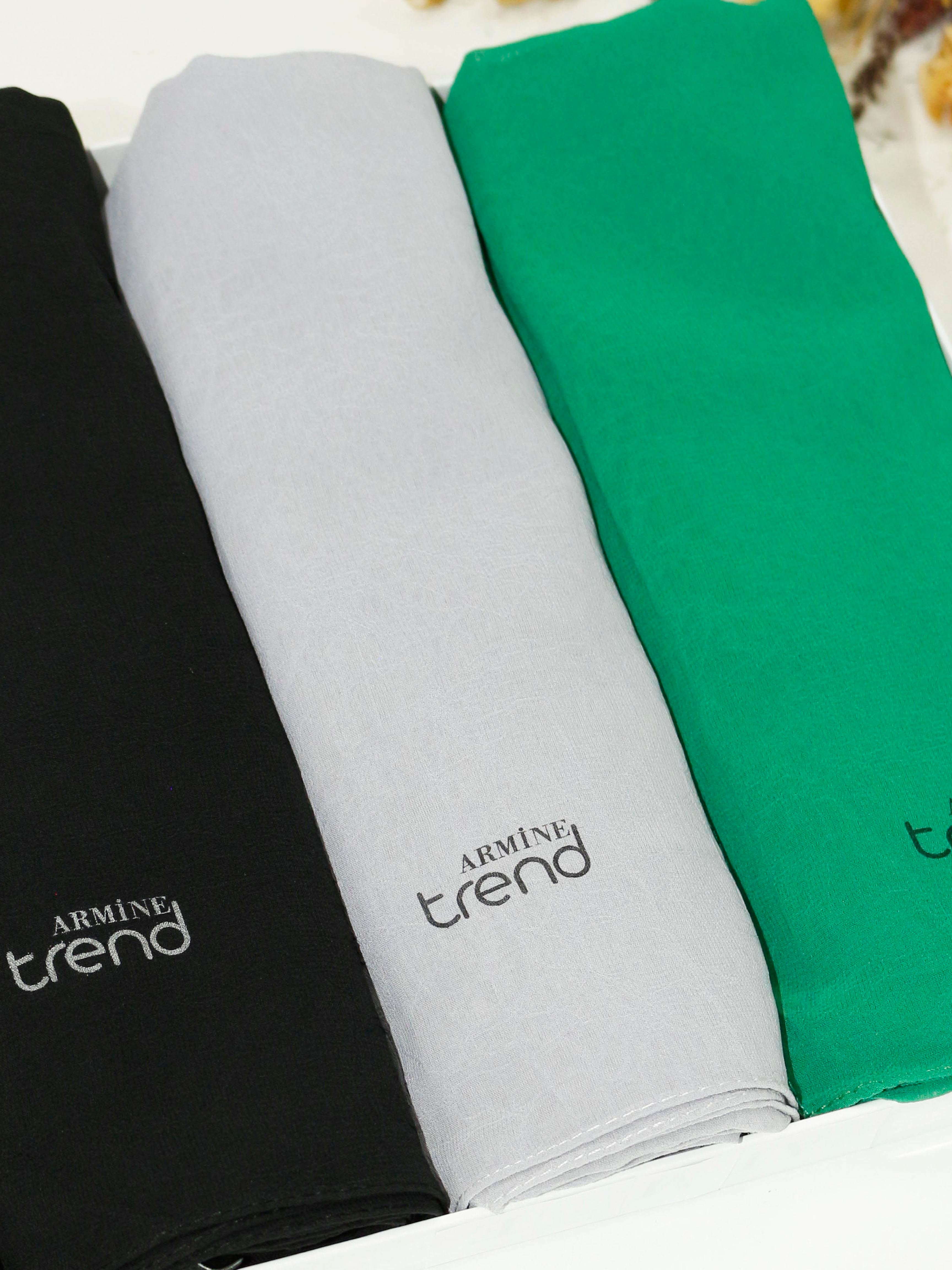 Armine Trend Krinkıl Şifon Şal - ATSKRN - 3'lü Set - Siyah, Gri, Yeşil