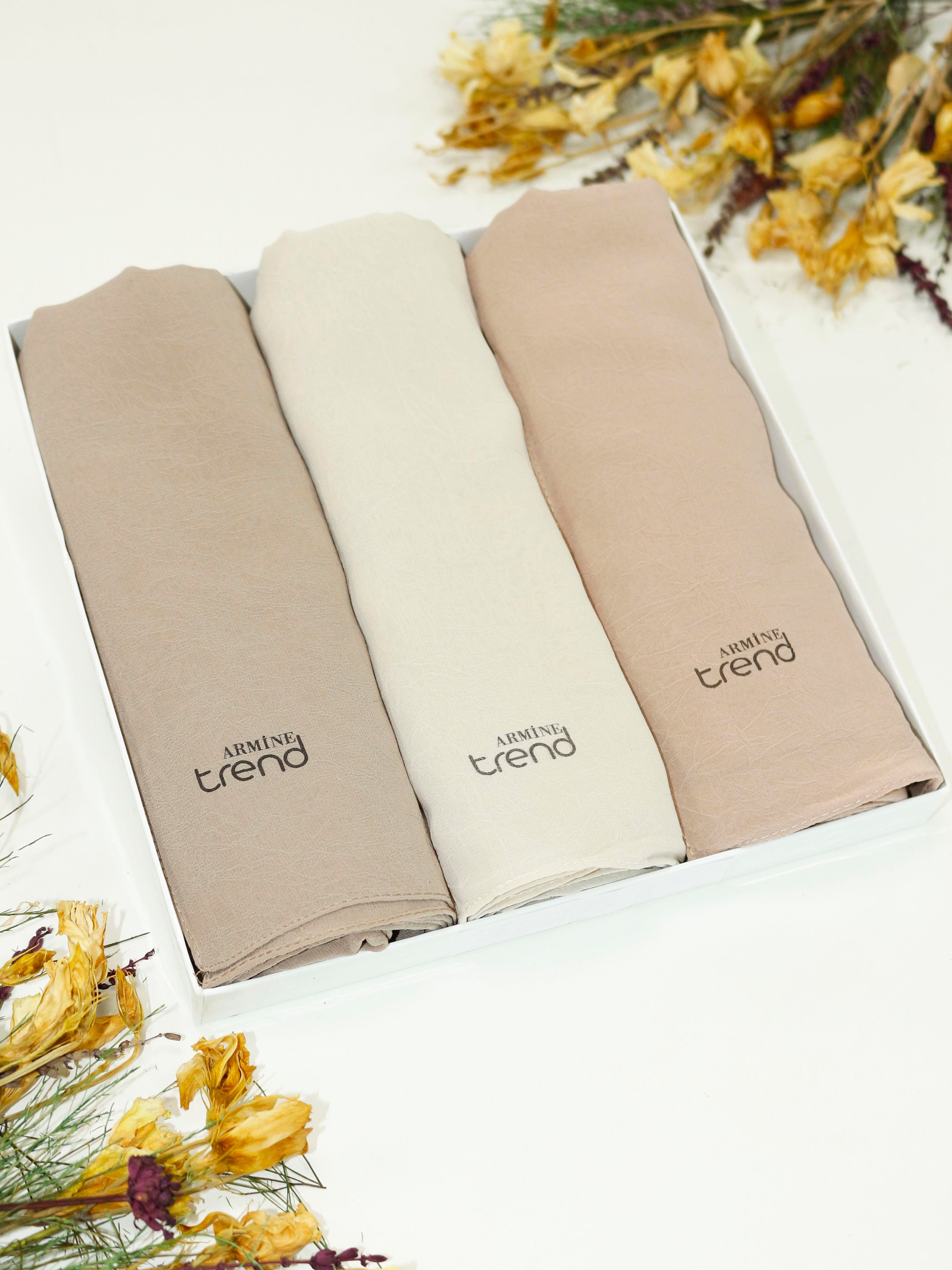 Armine Trend Krinkıl Şifon Şal - ATSKRN - 3'lü Set - Kahve Tonları