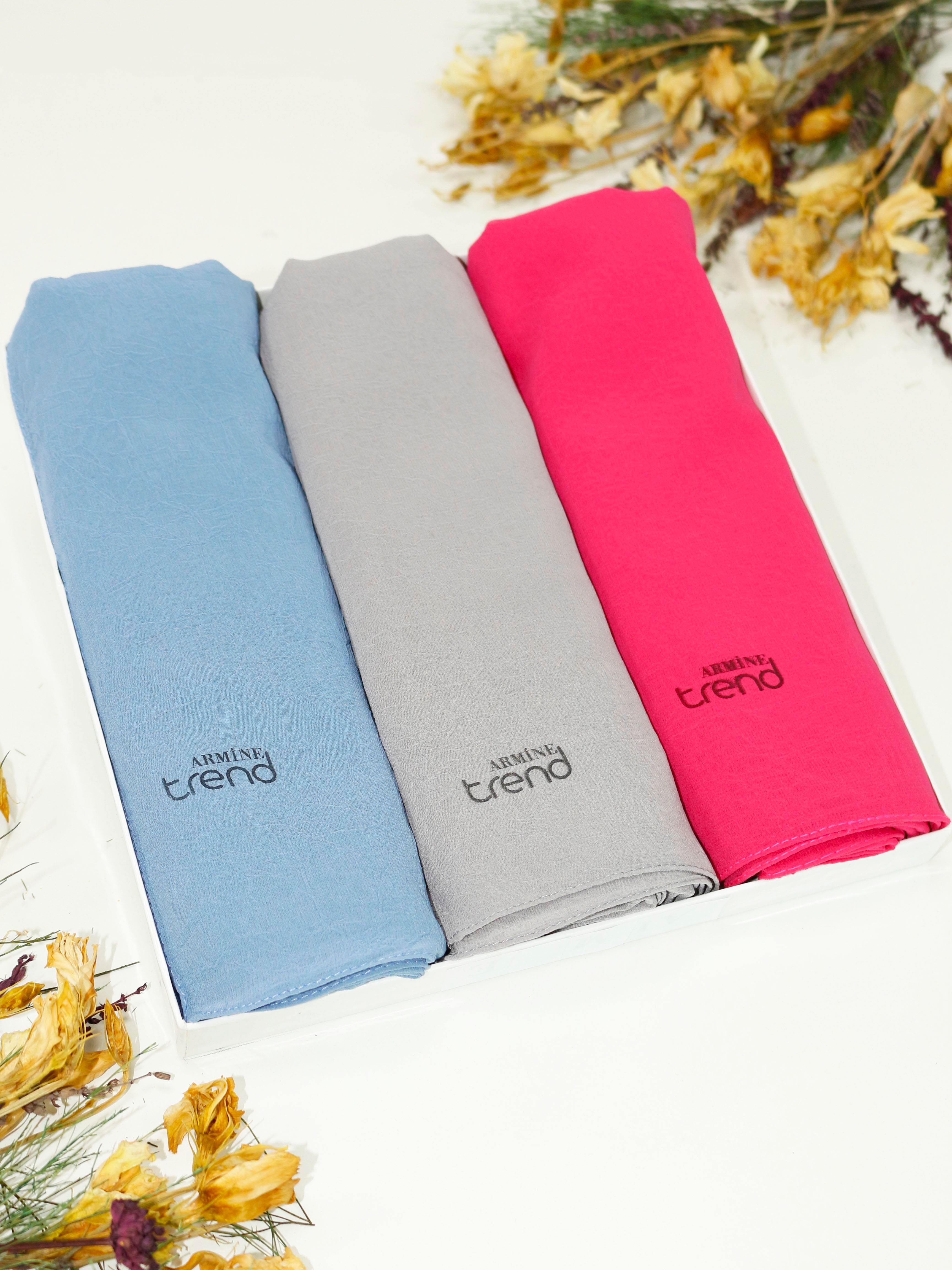 Armine Trend Krinkıl Şifon Şal - ATSKRN - 3'lü Set - Gri, Gök Mavisi, Fuşya