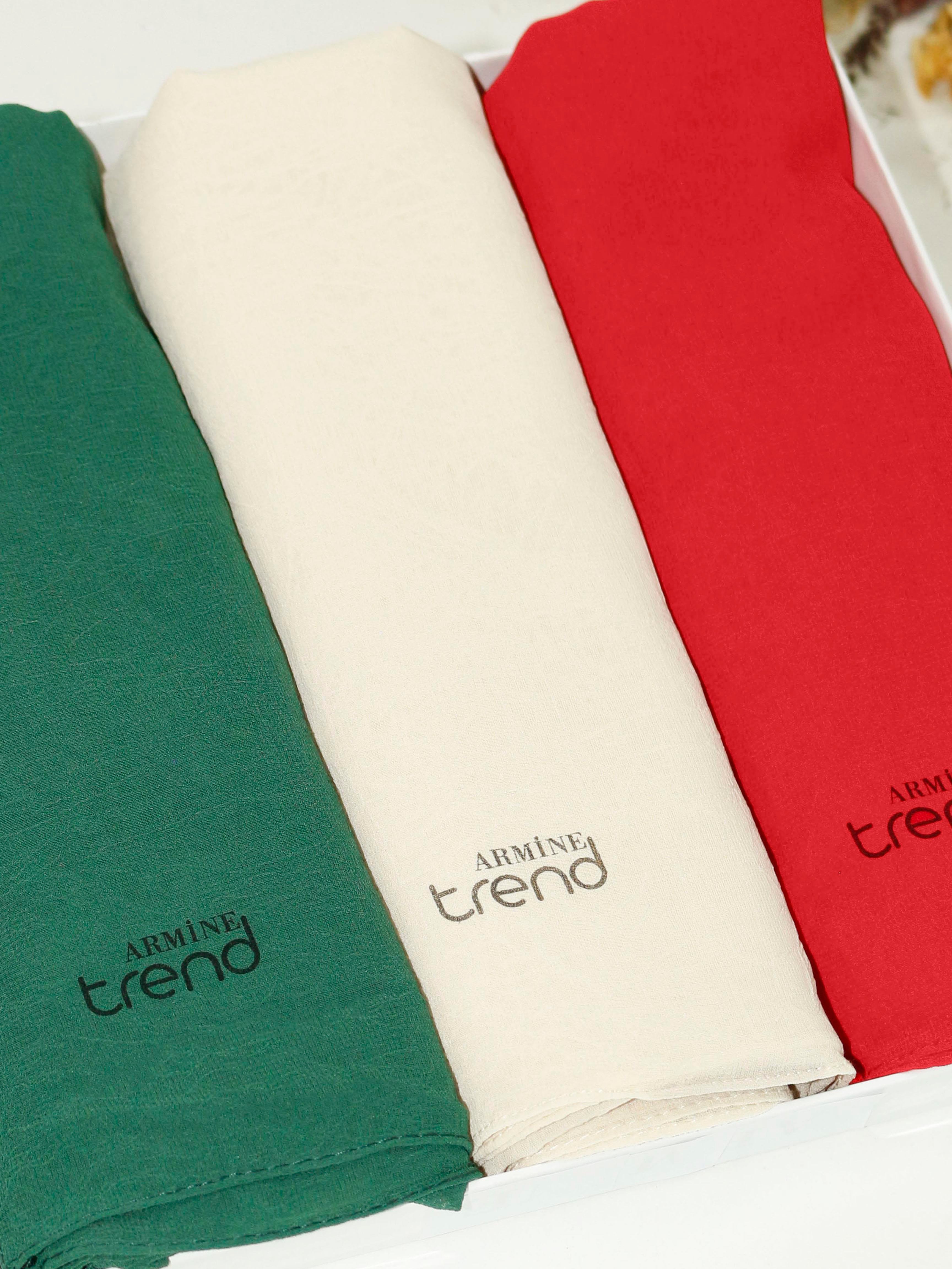 Armine Trend Krinkıl Şifon Şal - ATSKRN - 3'lü Set - Kırmızı, Krem, Yeşil