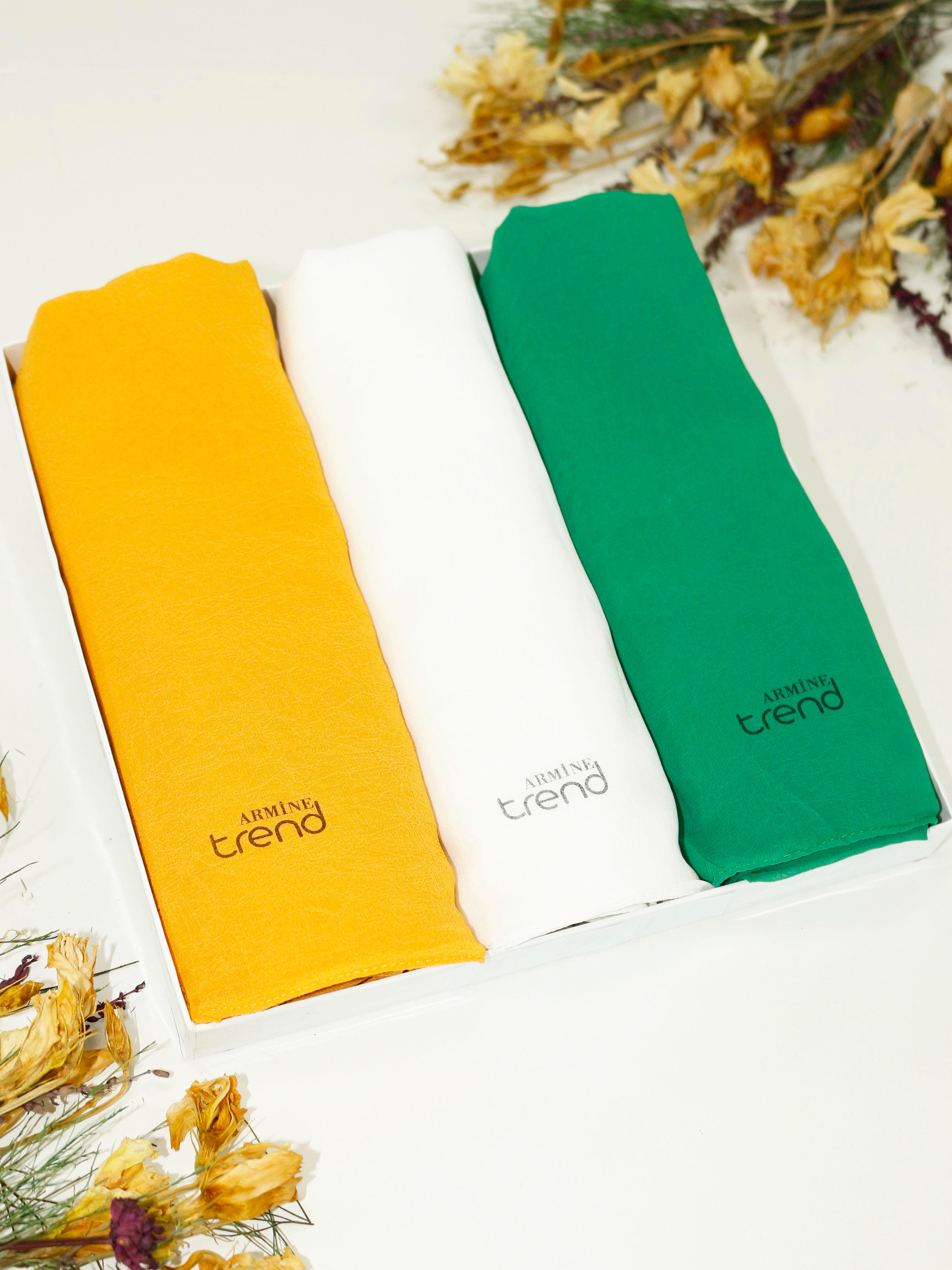 Armine Trend Krinkıl Şifon Şal - ATSKRN - 3'lü Set - Kırık Beyaz, Hardal Sarısı, Yeşil