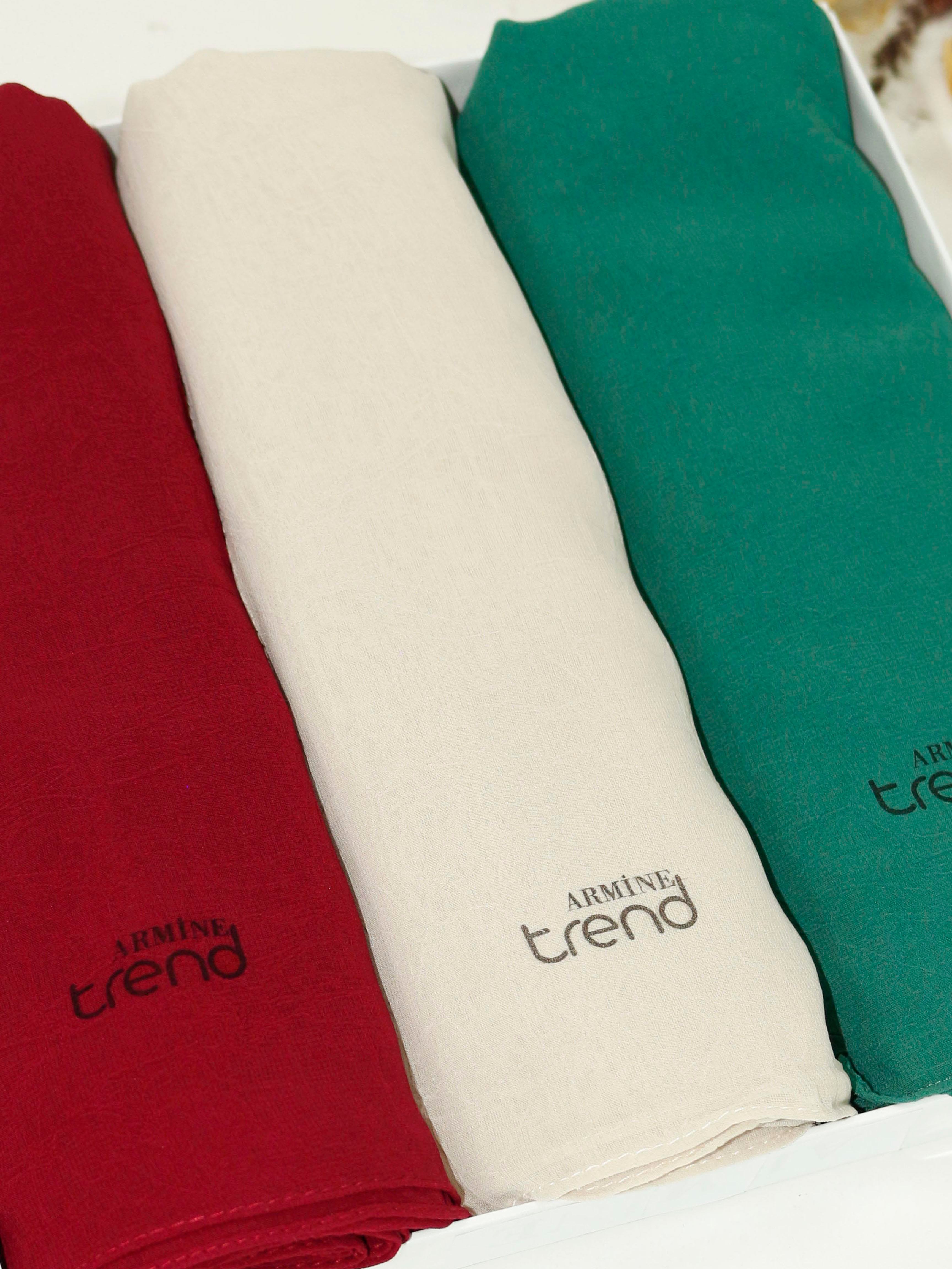 Armine Trend Krinkıl Şifon Şal - ATSKRN - 3'lü Set - Açık Vizon, Vişne, Yeşil