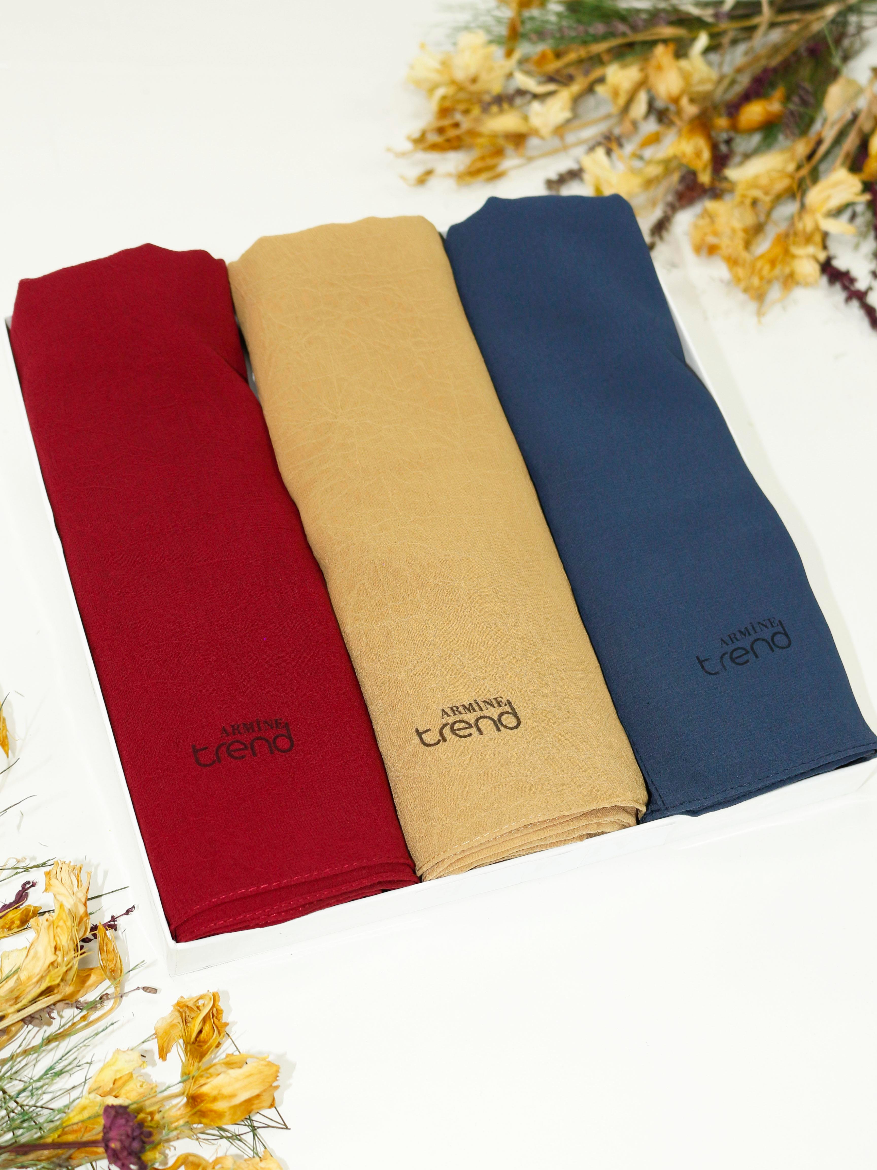 Armine Trend Krinkıl Şifon Şal - ATSKRN - 3'lü Set - Lacivert, Saman Sarısı, Vişne