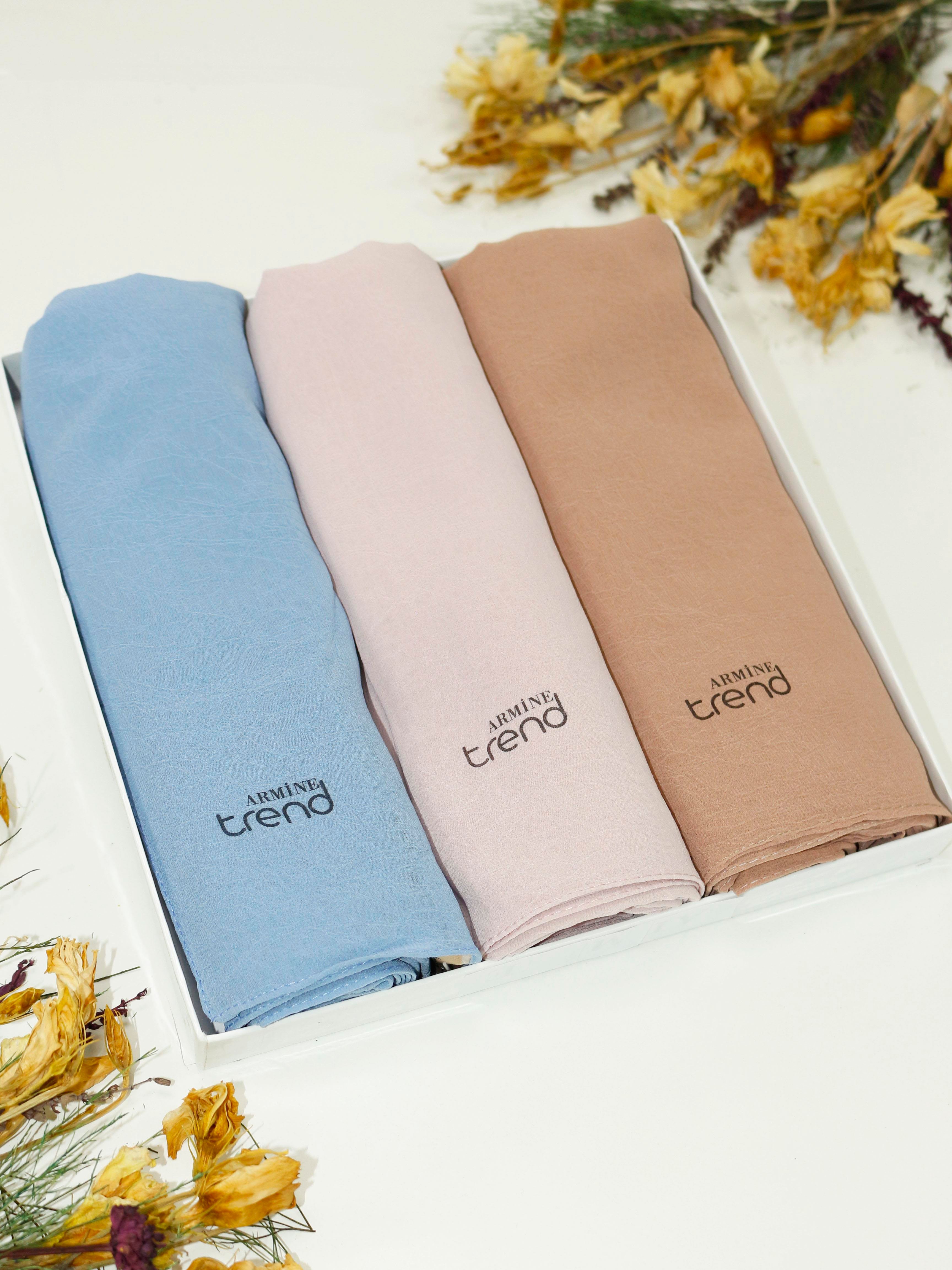 Armine Trend Krinkıl Şifon Şal - ATSKRN - 3'lü Set - Bisküvi, Toz Pembe, Mavi
