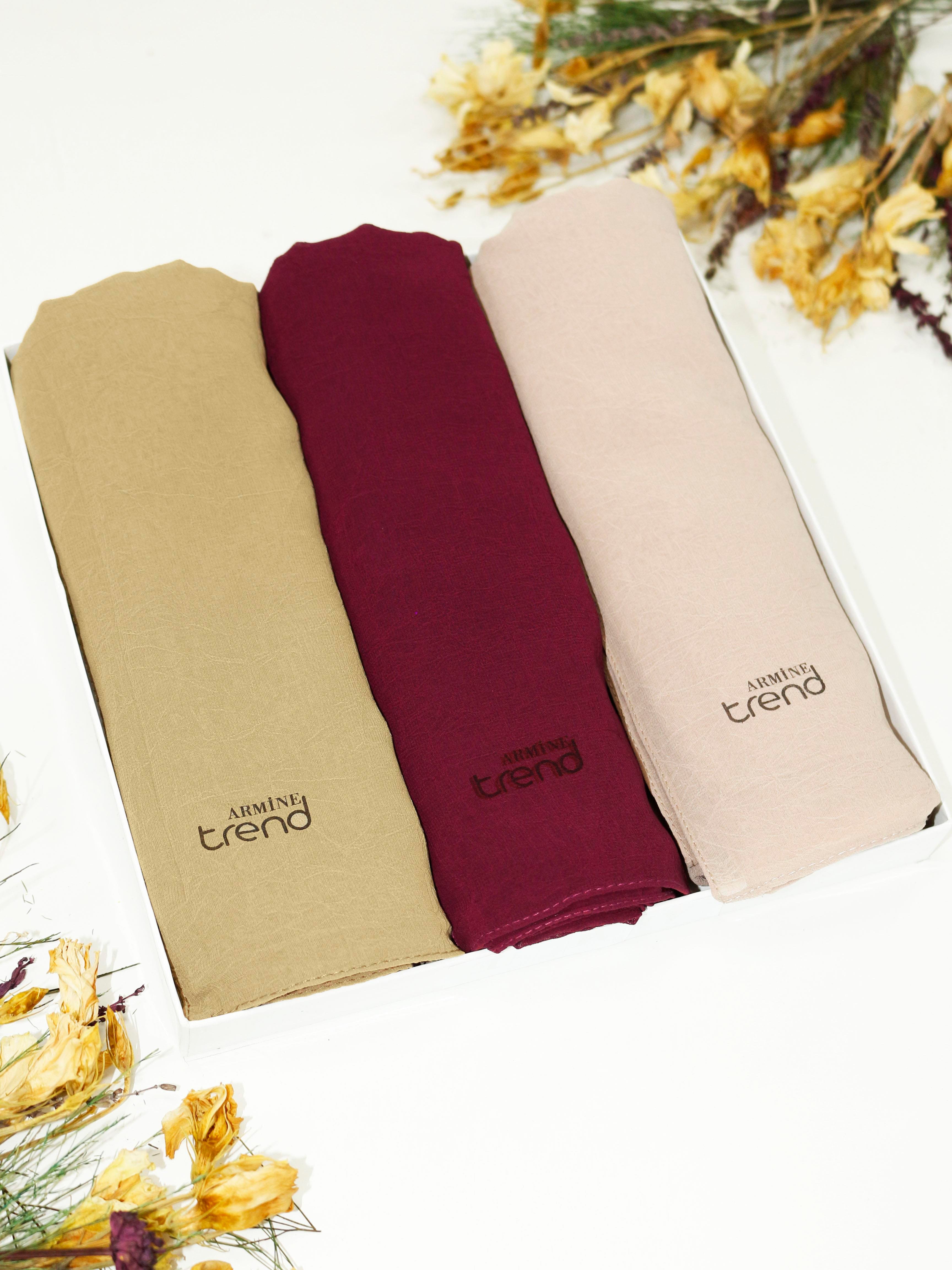 Armine Trend Krinkıl Şifon Şal - ATSKRN - 3'lü Set - Kraft Rengi, Kahve, Bordo