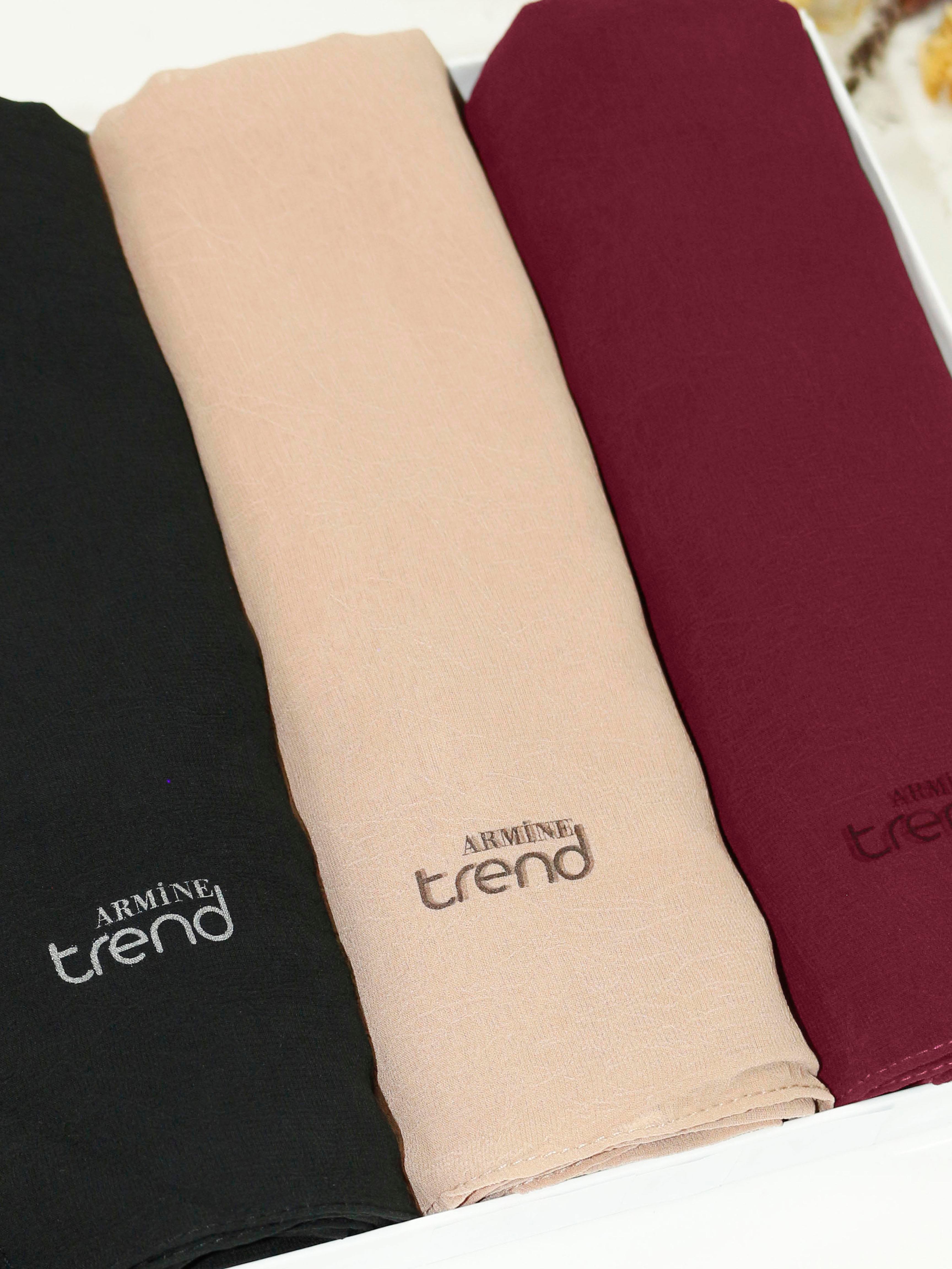 Armine Trend Krinkıl Şifon Şal - ATSKRN - 3'lü Set - Siyah, Sütlü Kahve, Bordo