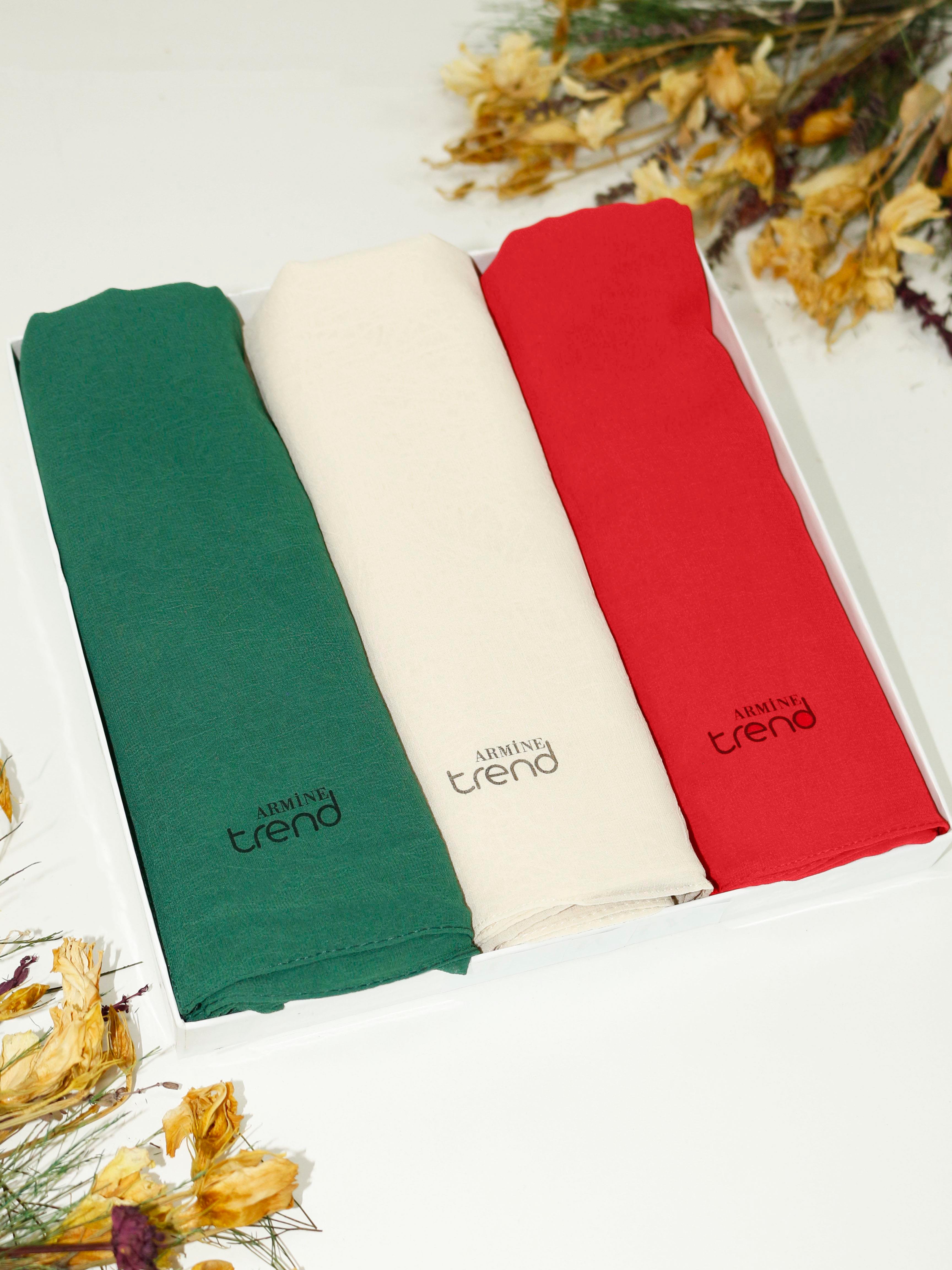Armine Trend Krinkıl Şifon Şal - ATSKRN - 3'lü Set - Kırmızı, Krem, Yeşil